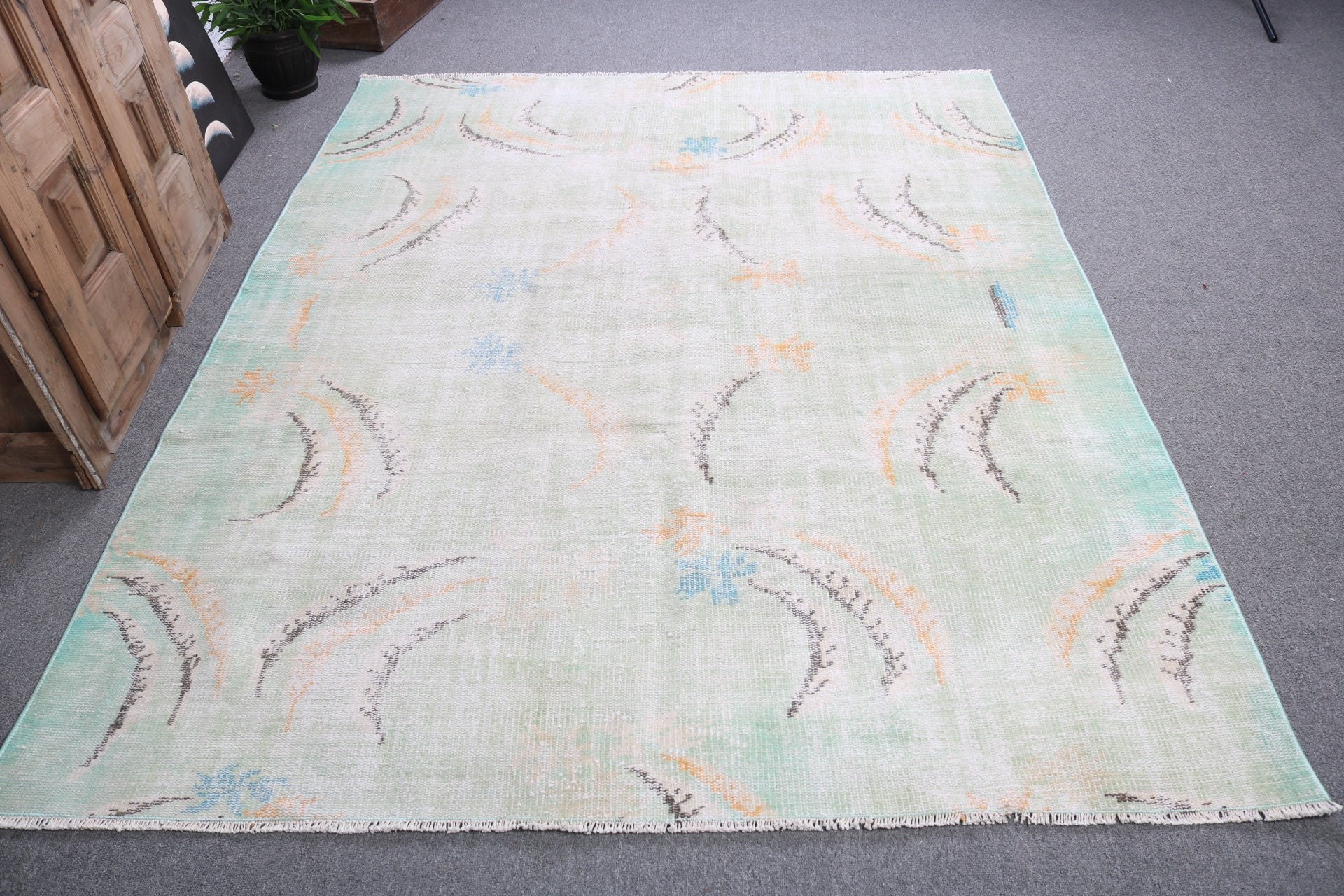 Large Vintage Rugs, Turkish Rugs, 5.9x7.2 ft Large Rug, Geometric Rug, Wool Rug, Green Bedroom Rug, Vintage Rugs, Large Boho Rugs