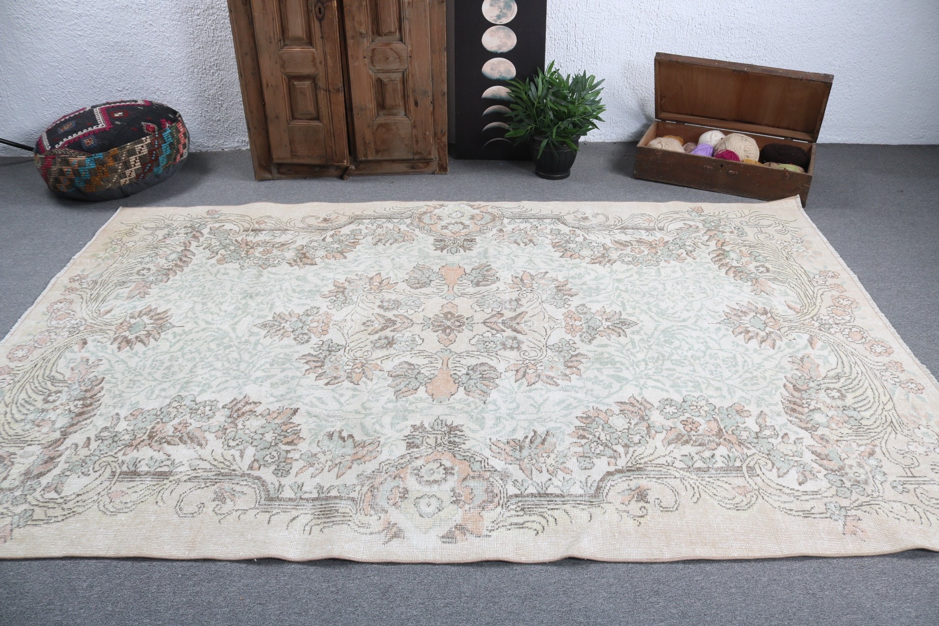 Boho Halılar, Büyük Oushak için Halılar, Yatak Odası Halısı, Yün Halılar, Türk Halıları, Vintage Halı, Büyük Vintage Halı, 6x9,2 ft Büyük Halı, Bej Soğuk Halılar