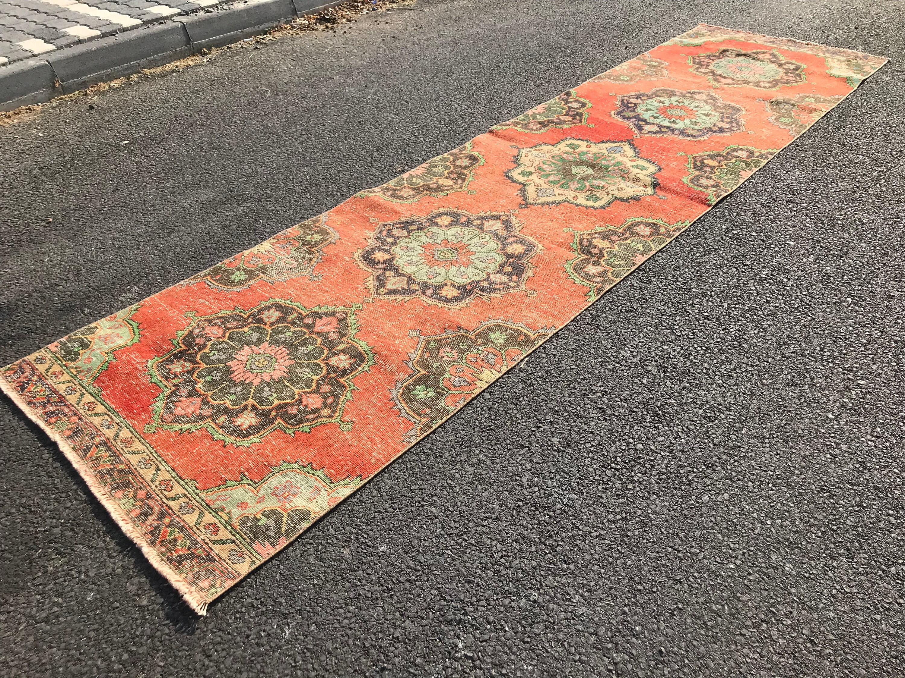 Red Kitchen Rug, Antique Rug, Rugs for Runner, 3.1x12.7 ft Runner Rug, Oushak Rug, Vintage Rug, Turkish Rugs, Hallway Rug, Corridor Rug