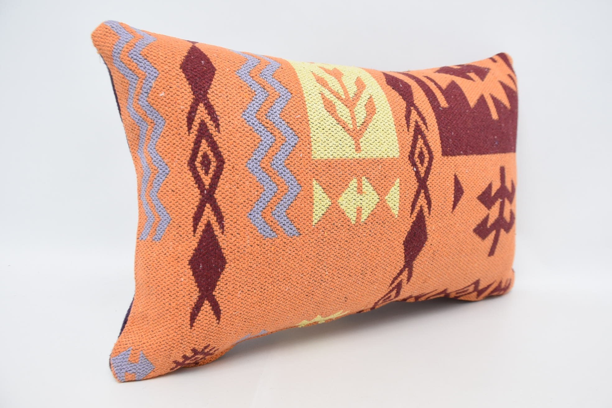 Colorful Pillow Case, Ethnical Kilim Rug Pillow, 16"x24" Orange Pillow Sham, Bench Pillow Cover, Vintage Kilim Pillow, Throw Kilim Pillow