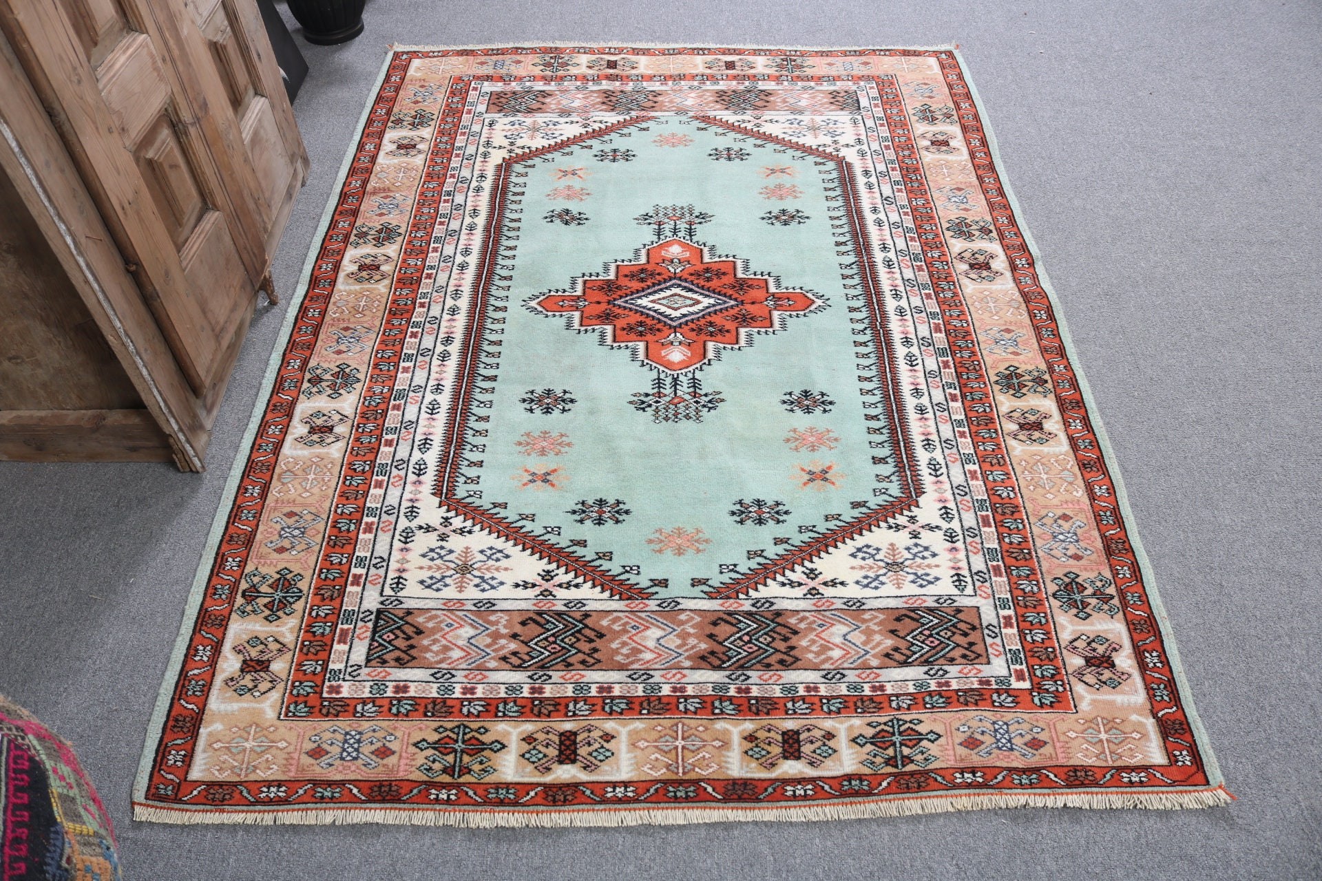 Antika Halı, Vintage Halı, Ev Dekorasyonu Halıları, Yeşil Ev Dekorasyonu Halıları, Yer Halıları, 4.6x6.3 ft Alan Halıları, Boho Halısı, Türk Halısı, Oturma Odası Halısı