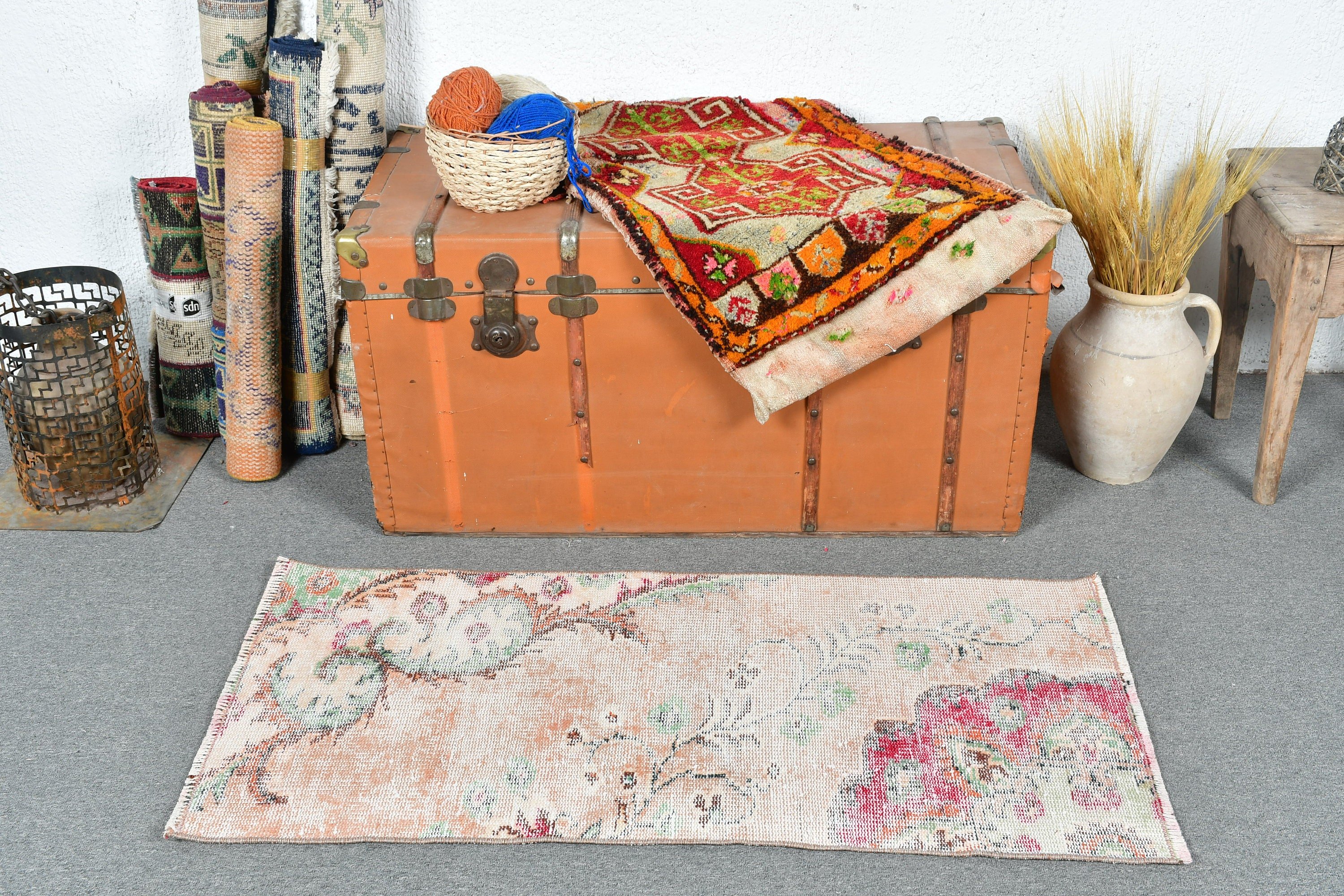 Turkish Rug, Antique Rug, Rugs for Bedroom, Vintage Rug, Car Mat Rugs, Entry Rugs, 1.8x3.9 ft Small Rugs, Oriental Rug, Pink Wool Rugs