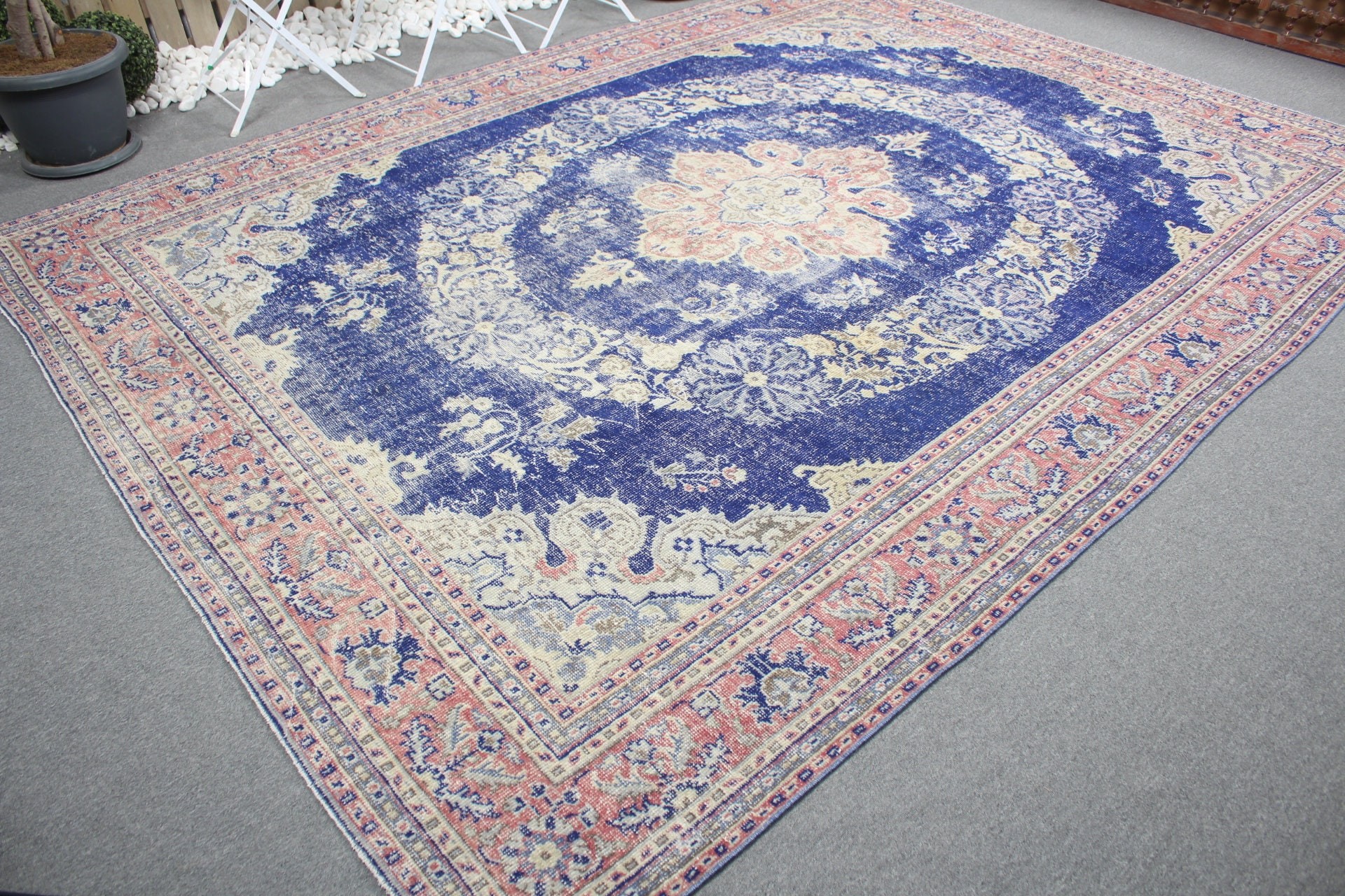 Antique Rug, Blue Floor Rug, Turkish Rug, Outdoor Rug, Dining Room Rug, Oushak Rug, Vintage Rug, 8.3x10.9 ft Oversize Rug, Living Room Rugs