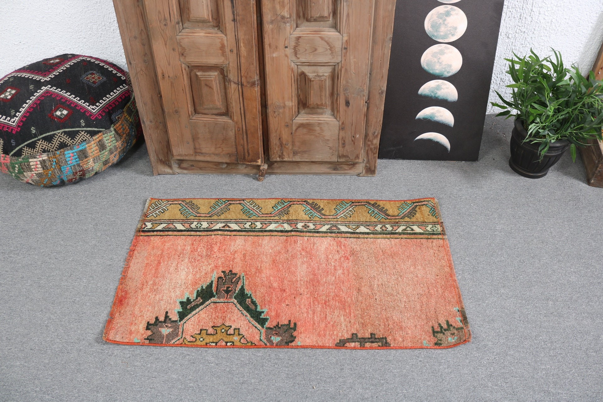 2x3,4 ft Küçük Halı, Paspas Halısı, Türk Halısı, El Dokuma Halıları, Boho Halısı, Vintage Halı, Turuncu Anadolu Halıları, Küçük Vintage Halısı, Oushak Halıları