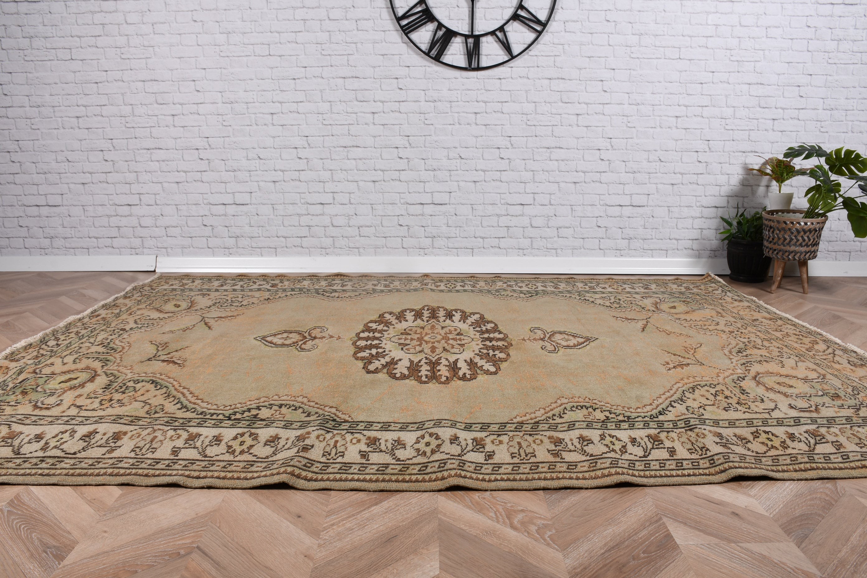 El Dokuma Halı, Yeşil Boho Halı, Vintage Halılar, Büyük Vintage Halılar, 6.3x8.4 ft Büyük Halı, Türk Halıları, Oturma Odası Halıları, Nötr Halı