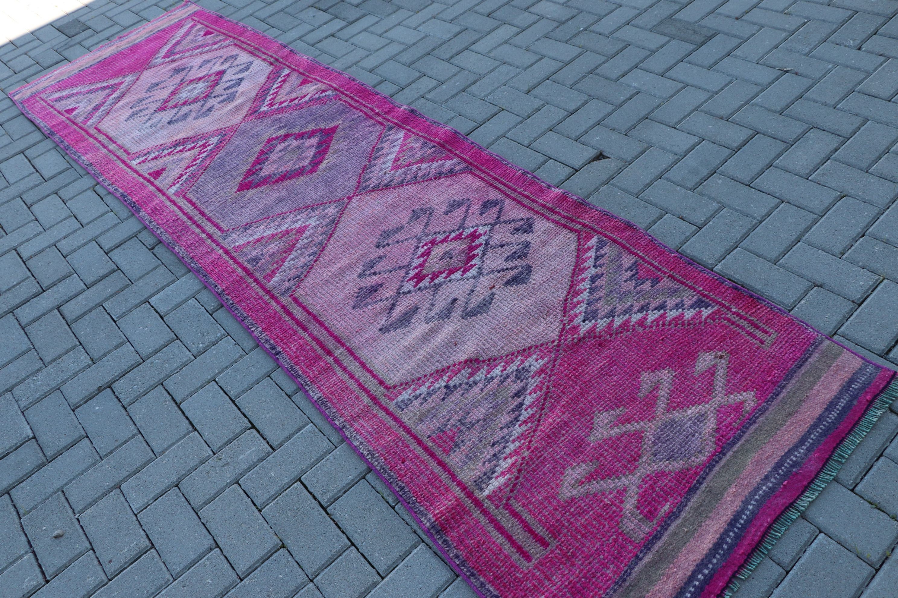 Bohemian Rug, Vintage Rug, Corridor Rugs, 2.9x10.7 ft Runner Rugs, Hallway Rug, Turkish Rug, Kitchen Rug, Floor Rug, Pink Oriental Rugs