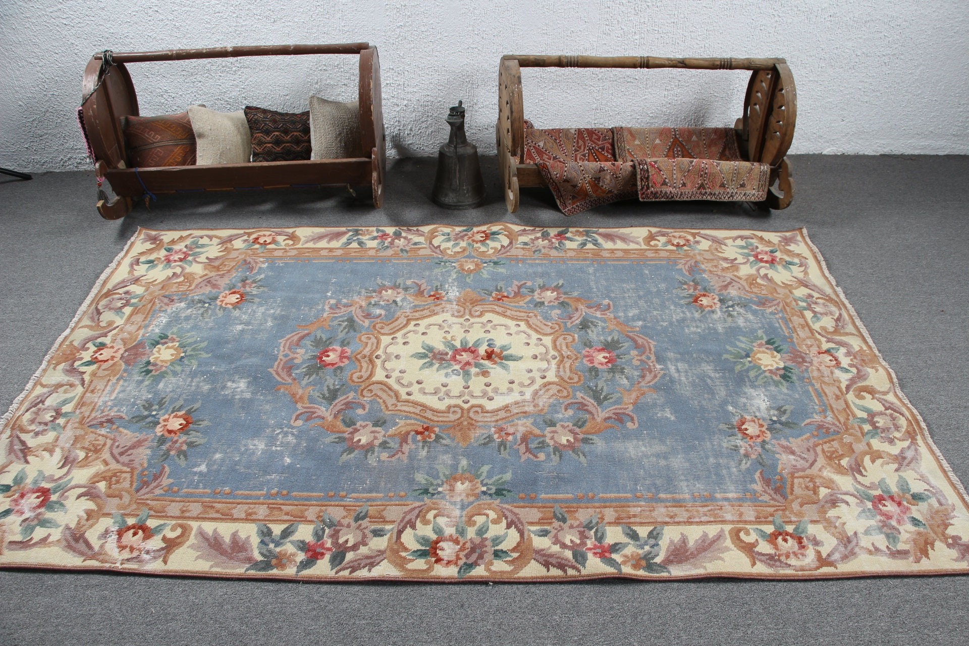 Floor Rug, Turkish Rugs, Aesthetic Rugs, Bedroom Rug, 4.6x7.5 ft Area Rug, Rugs for Dining Room, Blue Wool Rug, Vintage Rug