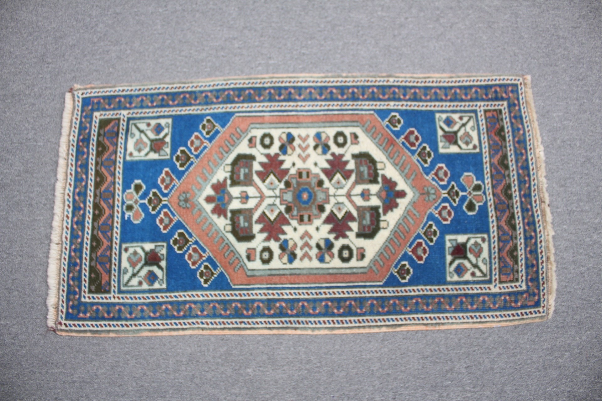 Sevimli Halı, Vintage Halı, Duvara Asılı Halı, Banyo Halısı, Türk Halısı, Mavi Yer Halısı, 1.7x3 ft Küçük Halı, Sanat Halıları, Yün Halı