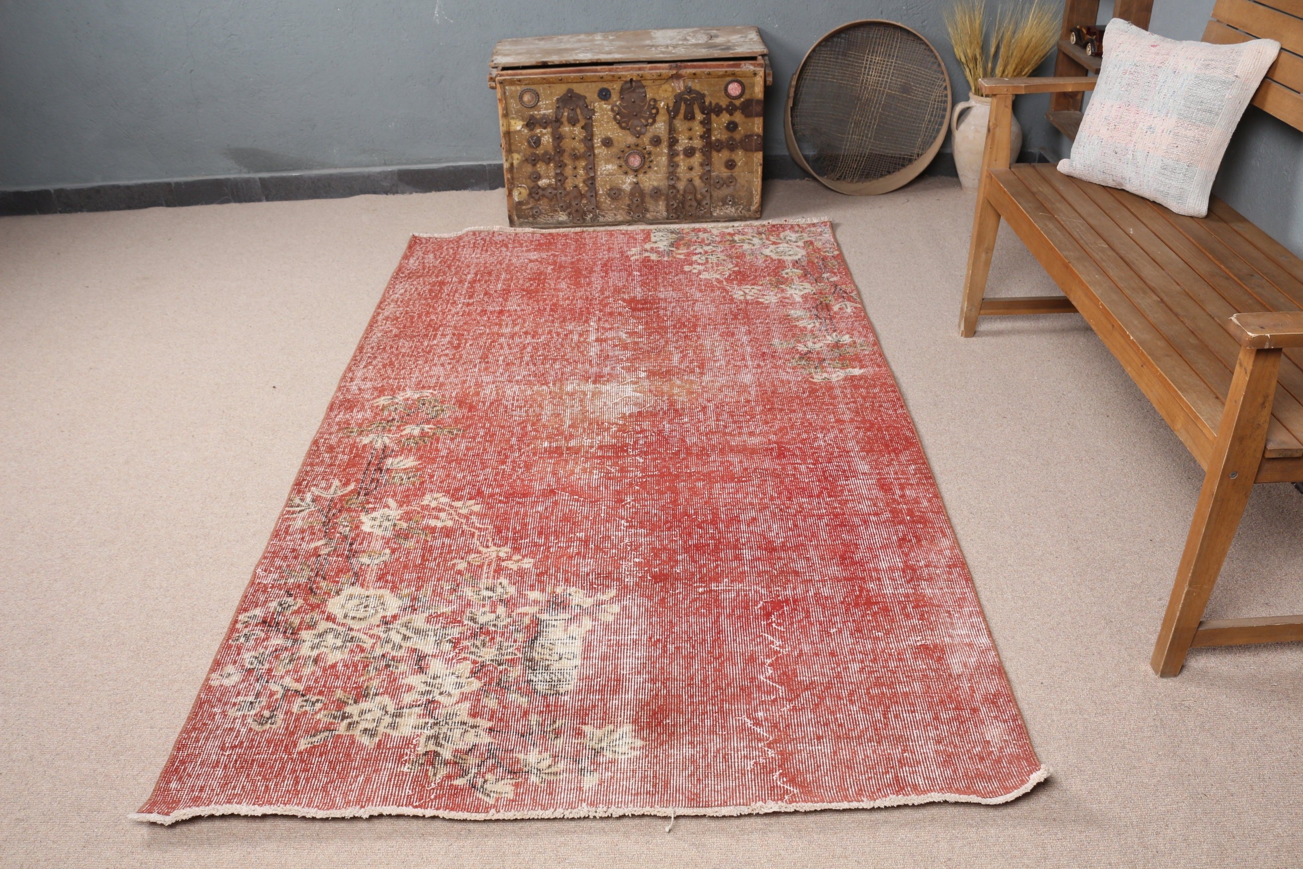 Cool Rug, Vintage Rugs, Rugs for Nursery, Turkish Rug, Living Room Rug, Red  4.4x7.3 ft Area Rugs, Bedroom Rugs, Kitchen Rug