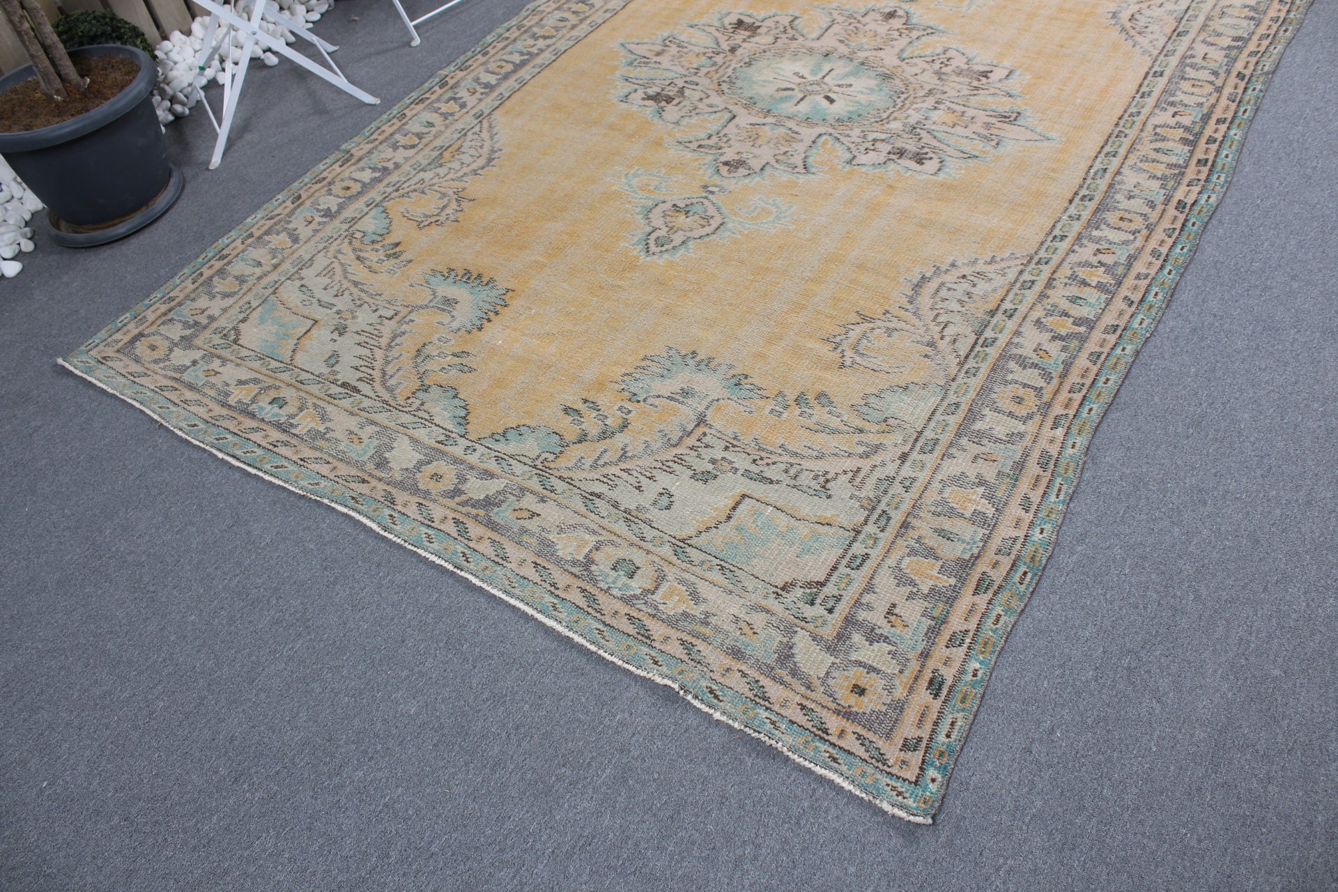 Sarı Oryantal Halılar, 5.9x9.2 ft Büyük Halılar, Türk Halısı, Havalı Halılar, Yemek Odası Halıları, Salon Halıları, Oushak Halıları, Salon Halısı, Vintage Halı