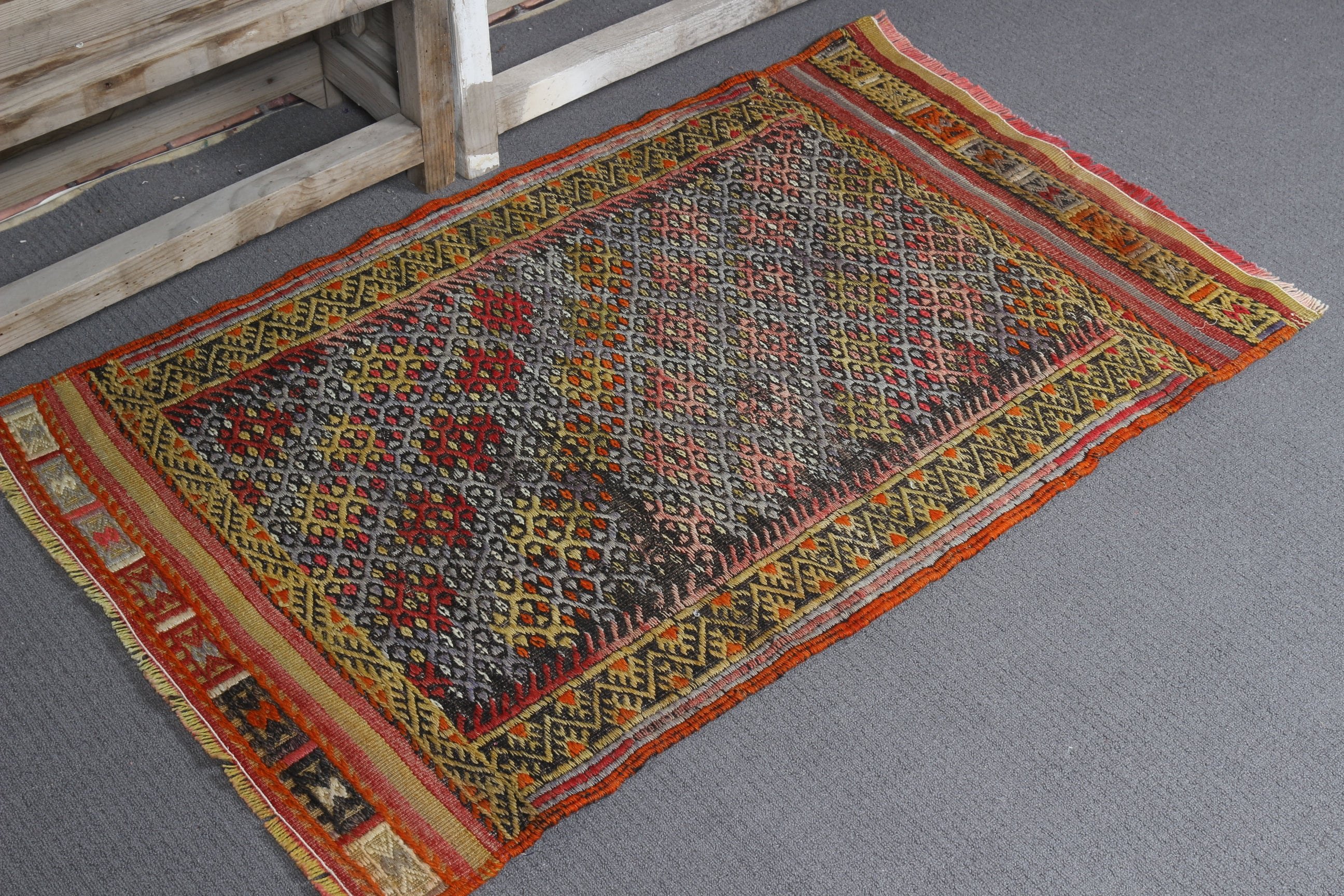 Oryantal Halı, Vintage Halı, Duvara Asılı Halı, Türk Halısı, 2.4x3.9 ft Küçük Halı, Mutfak Halıları, Turuncu Oushak Halı, Kilim