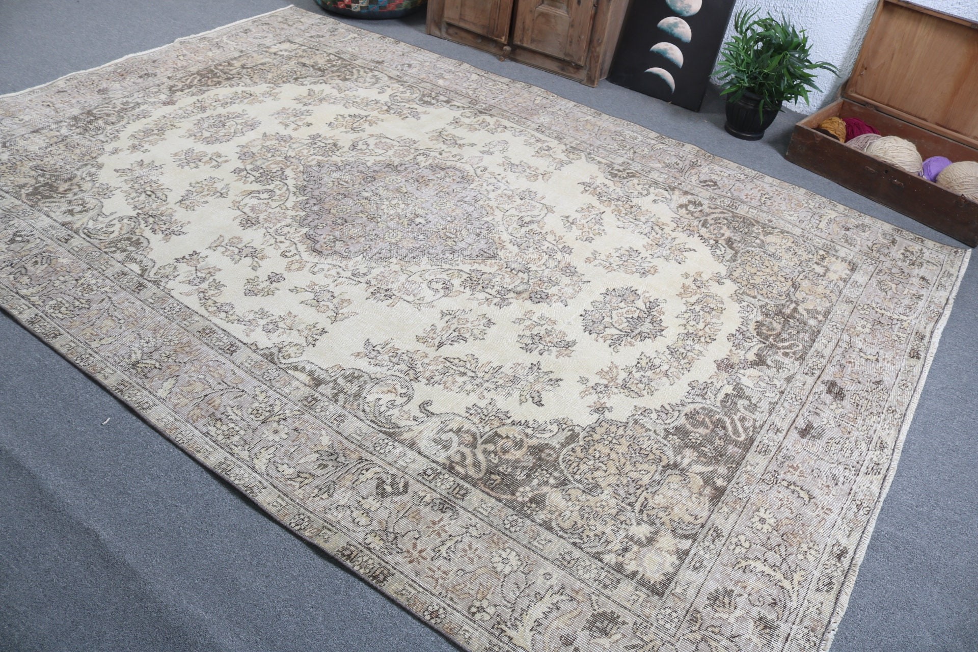 Wool Rug, Large Vintage Rugs, Large Boho Rug, Turkish Rug, Geometric Rug, Vintage Rugs, Beige  6.9x10 ft Large Rugs, Floor Rug