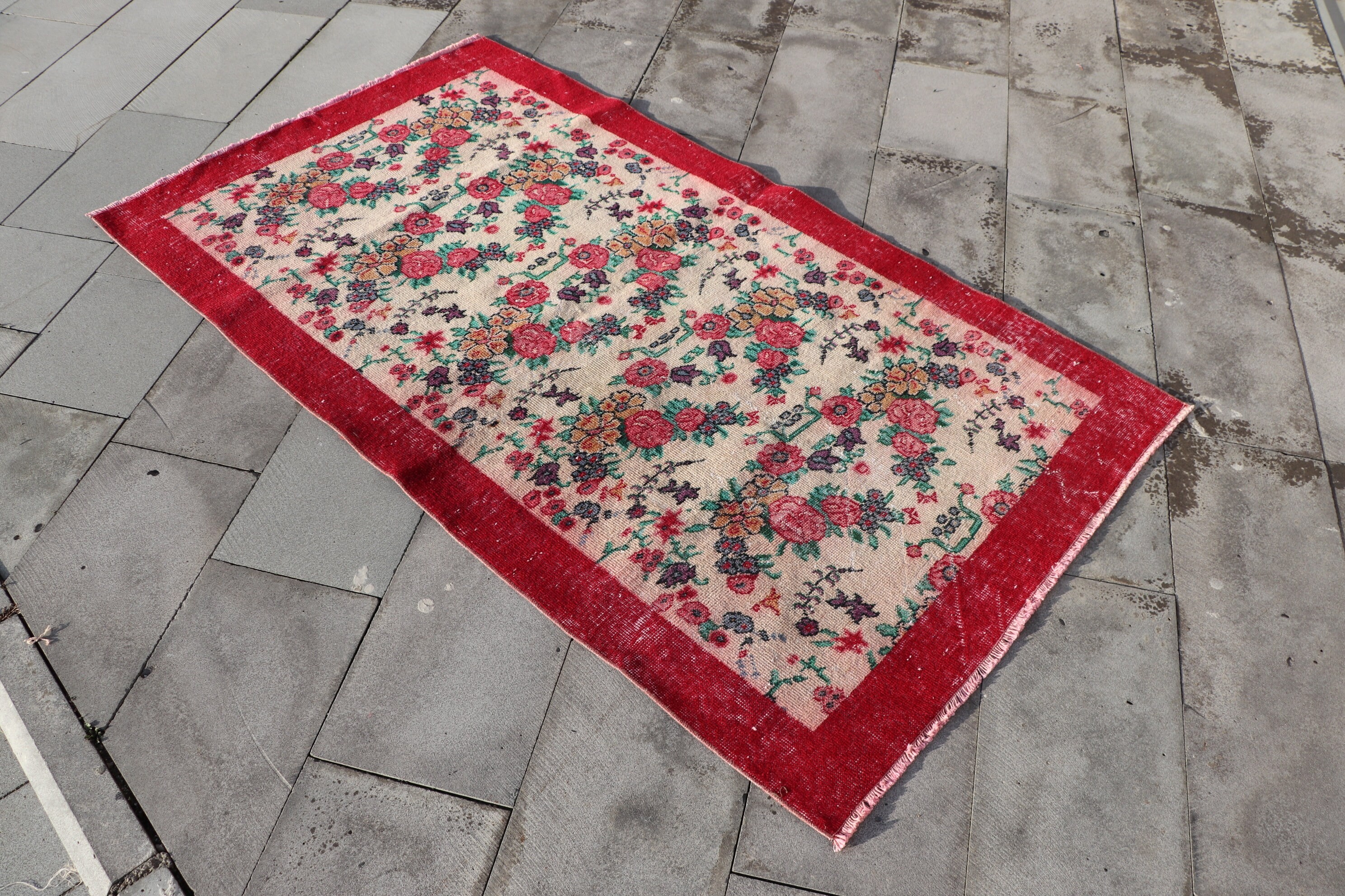 Turkish Rug, 3.6x6.5 ft Accent Rugs, Oriental Rug, Vintage Rug, Kitchen Rug, Anatolian Rugs, Red Moroccan Rugs, Nursery Rugs, Muted Rugs