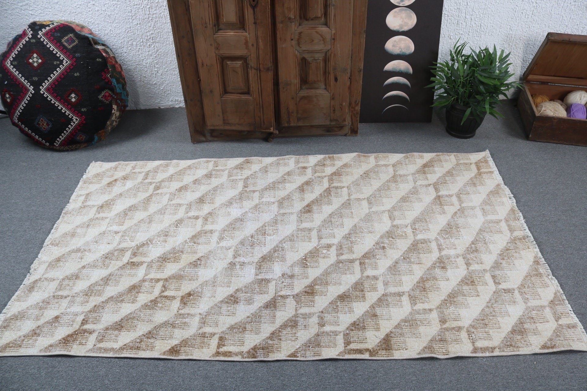 El Dokuma Halılar, Vintage Halı, Yatak Odası Halısı, Türk Halısı, 3.6x6.4 ft Accent Halı, Boho Accent Halı, Bej Geometrik Halılar, Düz Dokuma Halılar