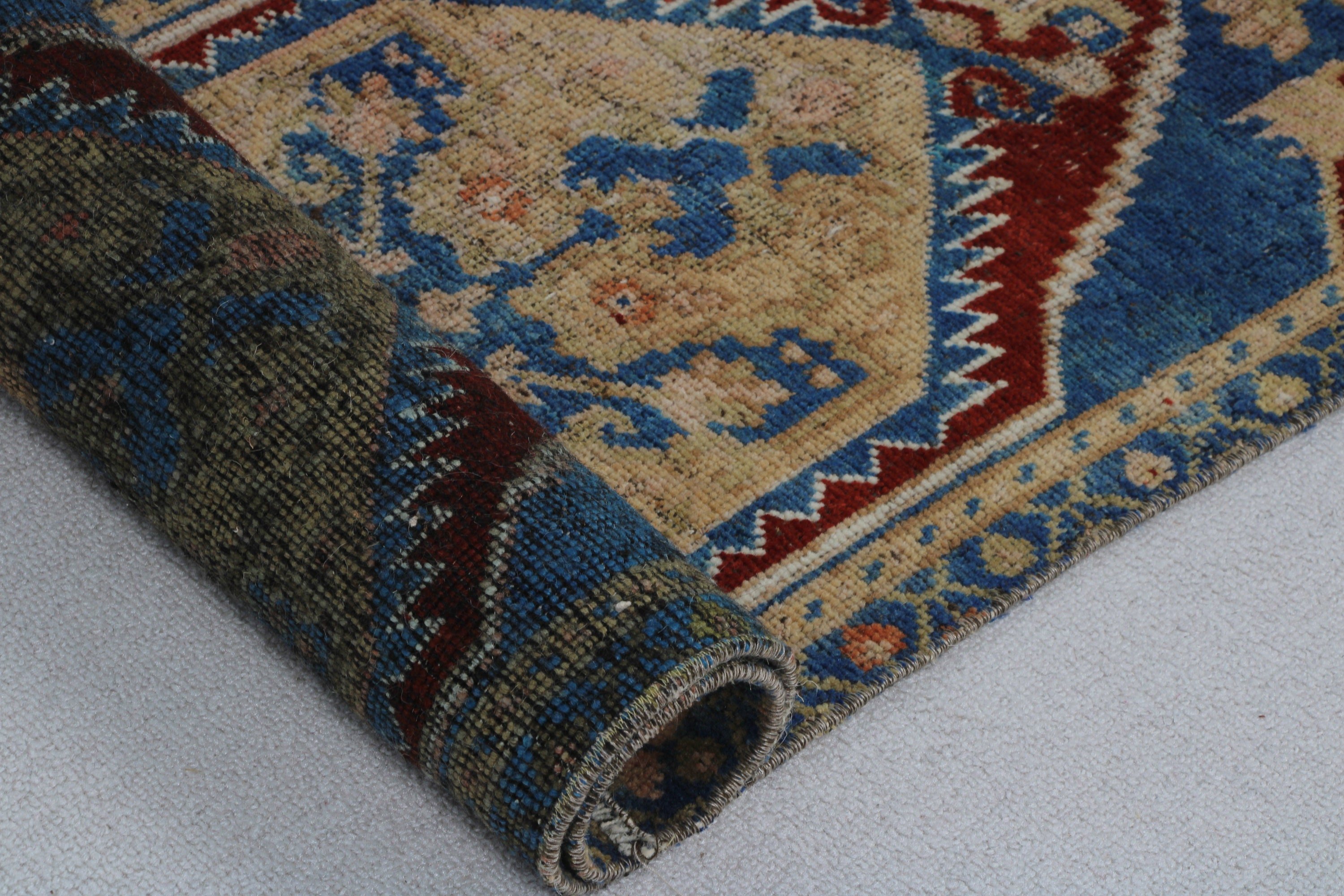 Blue Wool Rugs, 1.5x3.8 ft Small Rugs, Floor Rugs, Small Vintage Rugs, Handwoven Rugs, Wool Rugs, Vintage Rug, Small Area Rug, Turkish Rug