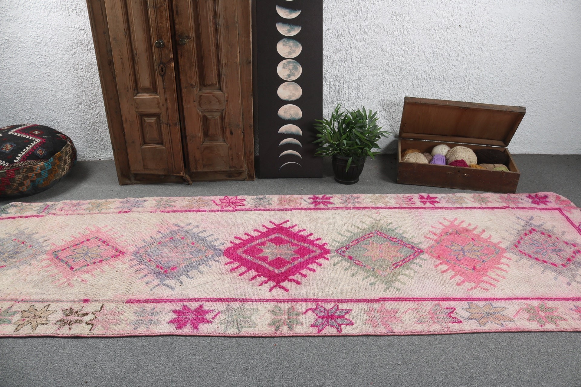 Vintage Halı, Türk Halısı, Boho Halısı, Fas Halıları, 3,6x11,1 ft Runner Halısı, Oushak Halısı, Bej Bildirim Halısı, Uzun Yolluk Halıları, Koridor Halıları