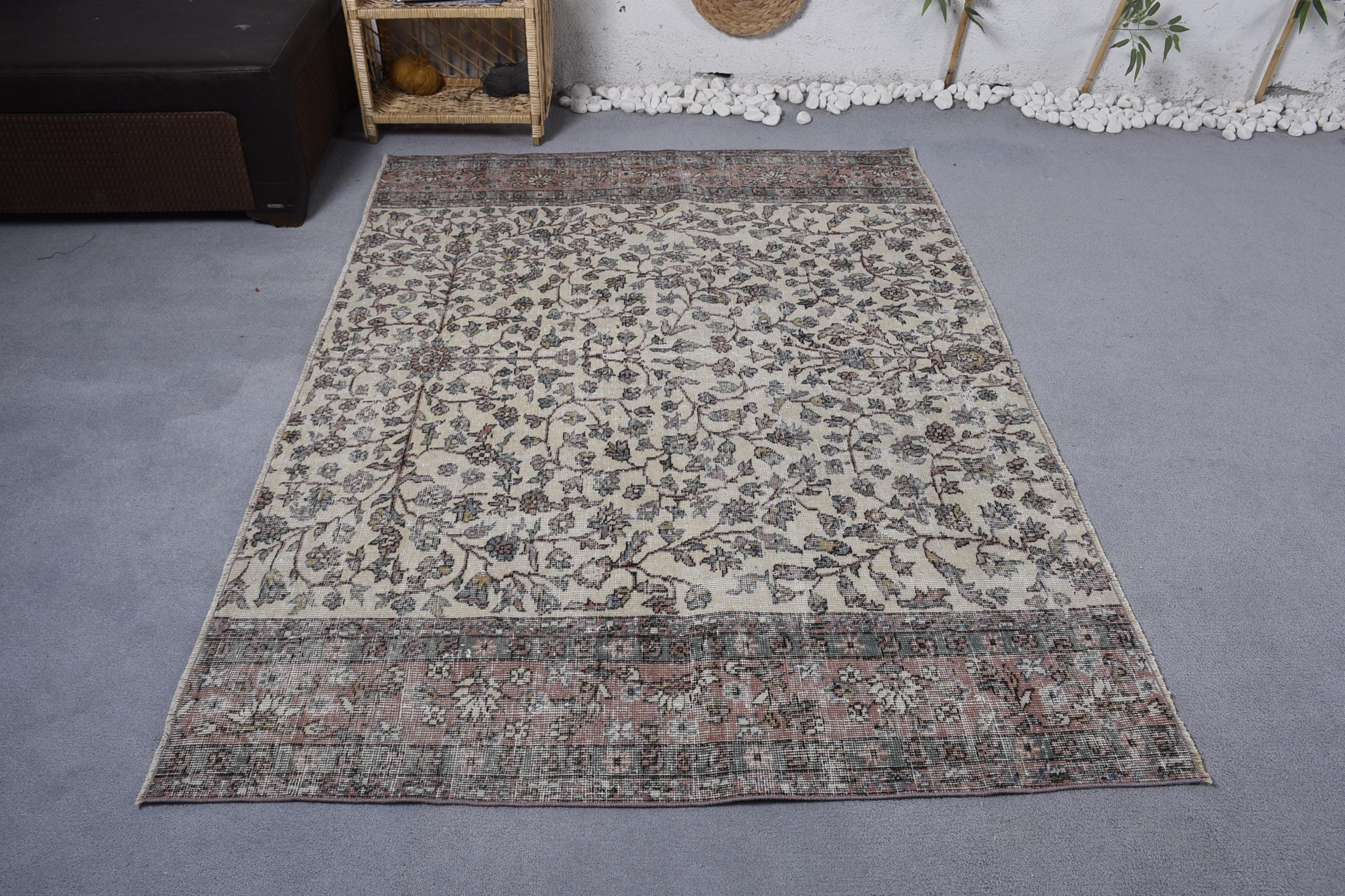 Bej Nötr Halılar, 6,5x4,8 ft Alan Halıları, Oturma Odası Halısı, Boho Alan Halısı, Türk Halıları, El Dokuma Halı, Vintage Halı