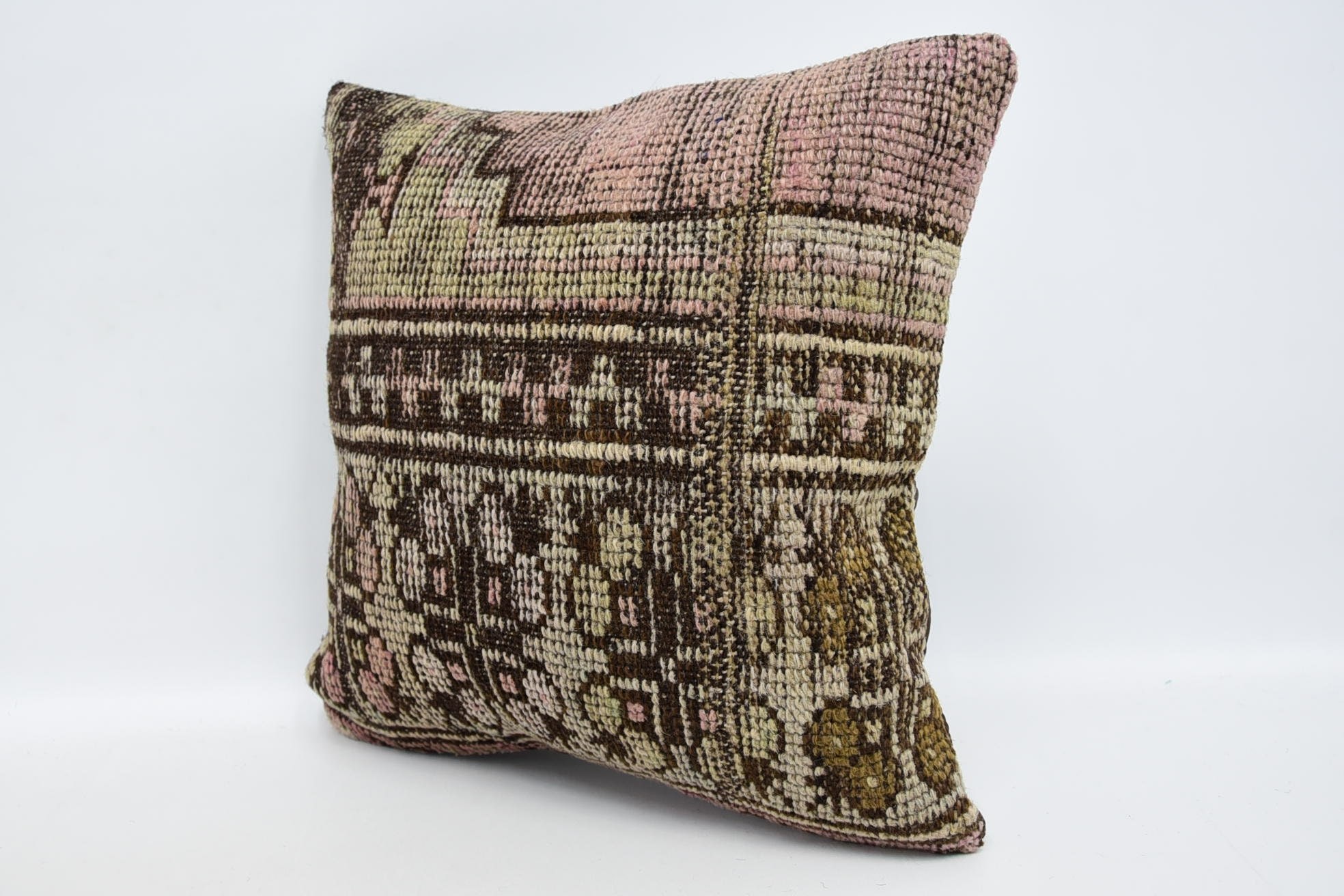 16"x16" Brown Cushion Case, Turkish Pillow, Kilim Pillow, Square Throw Pillow Cover, Boho Pillow Sham Cover, Patio Cushion Cover