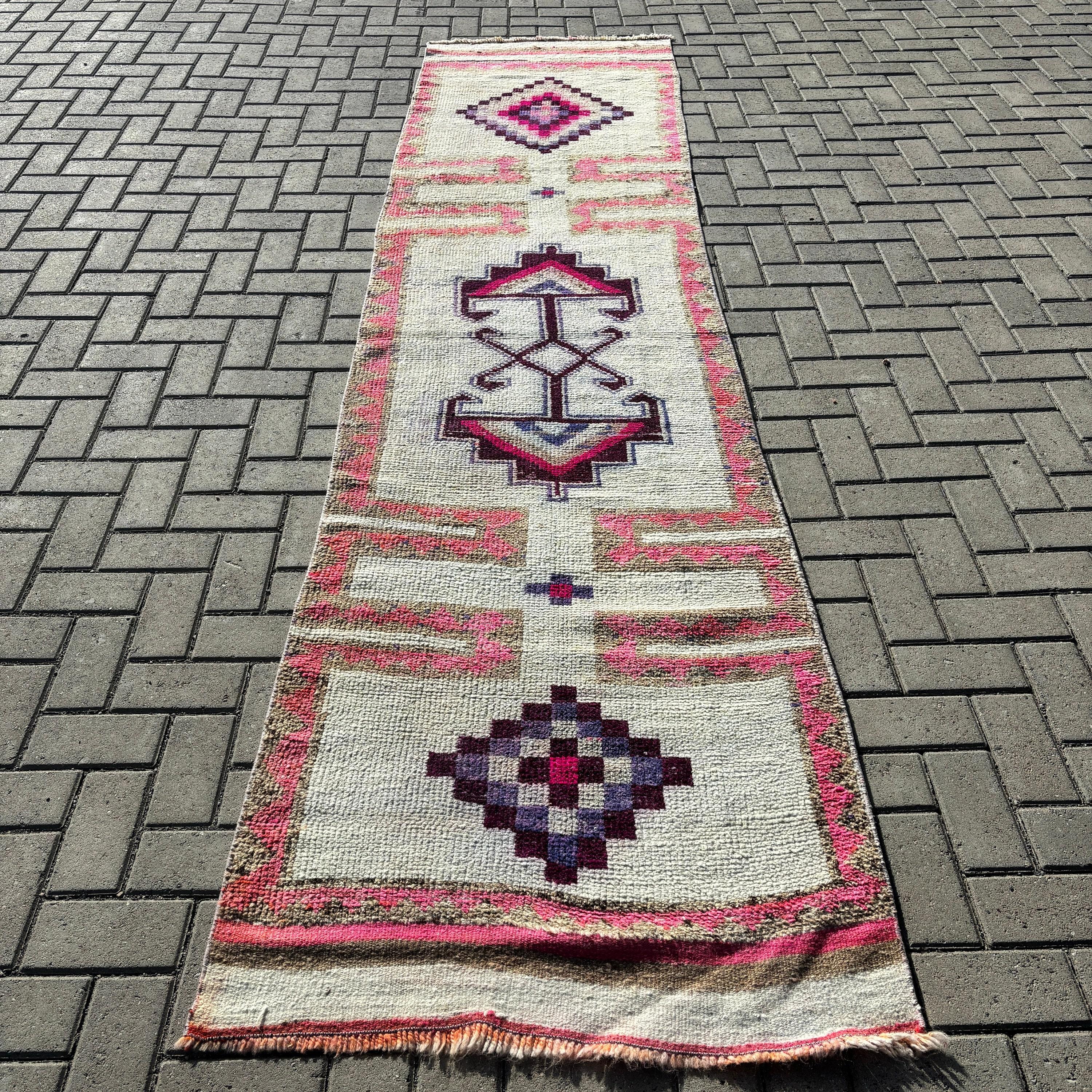 2.8x11.2 ft Runner Halıları, Bej Oushak Halısı, Düz Dokuma Halıları, Türk Halısı, Boho Halısı, Vintage Halı, Vintage Runner Halısı, Nötr Halılar, Merdiven Halıları