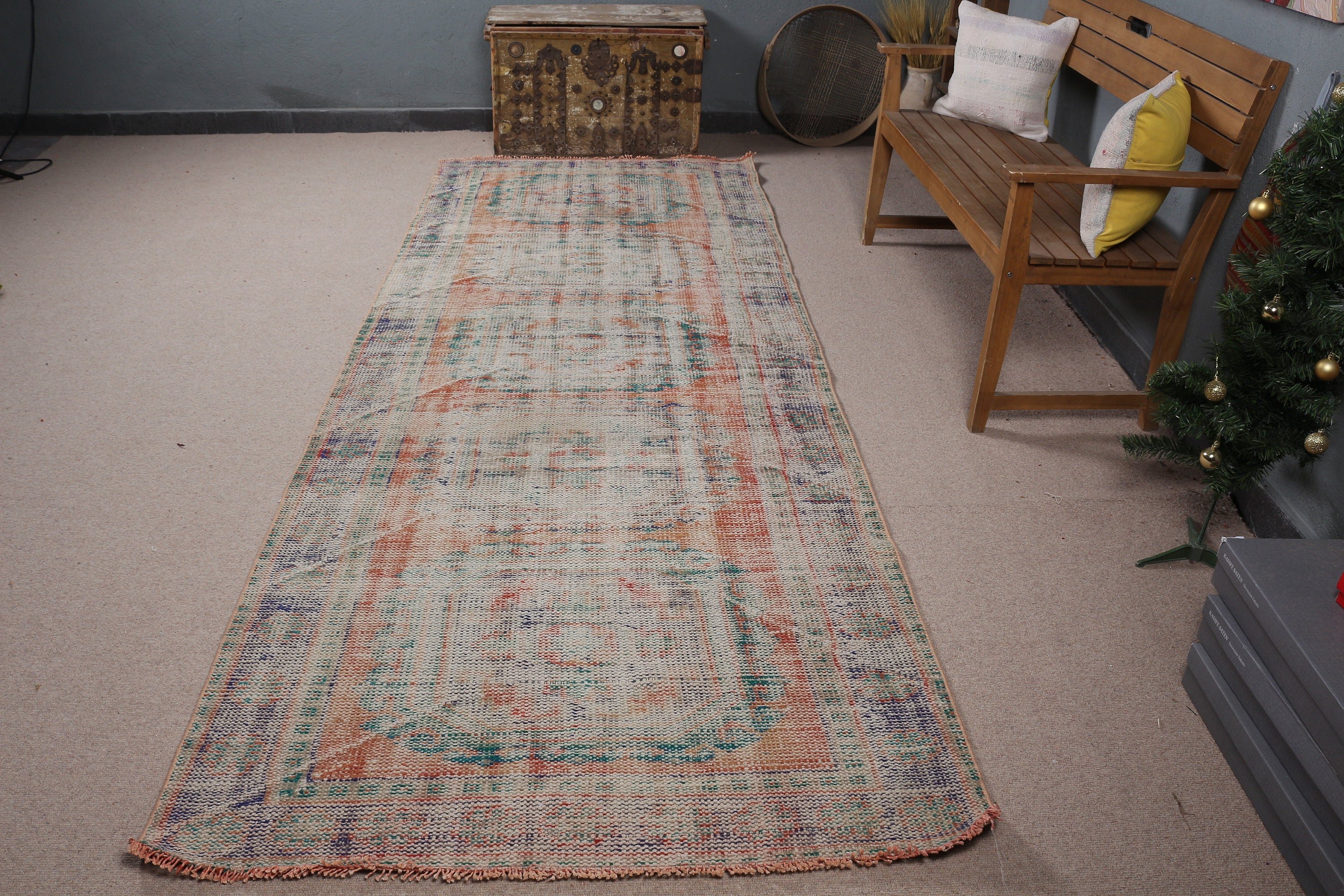 Vintage Rug, Turkish Rug, 4x10.8 ft Runner Rugs, Corridor Rugs, Stair Rugs, Rugs for Stair, Orange Oriental Rugs, Wool Rug