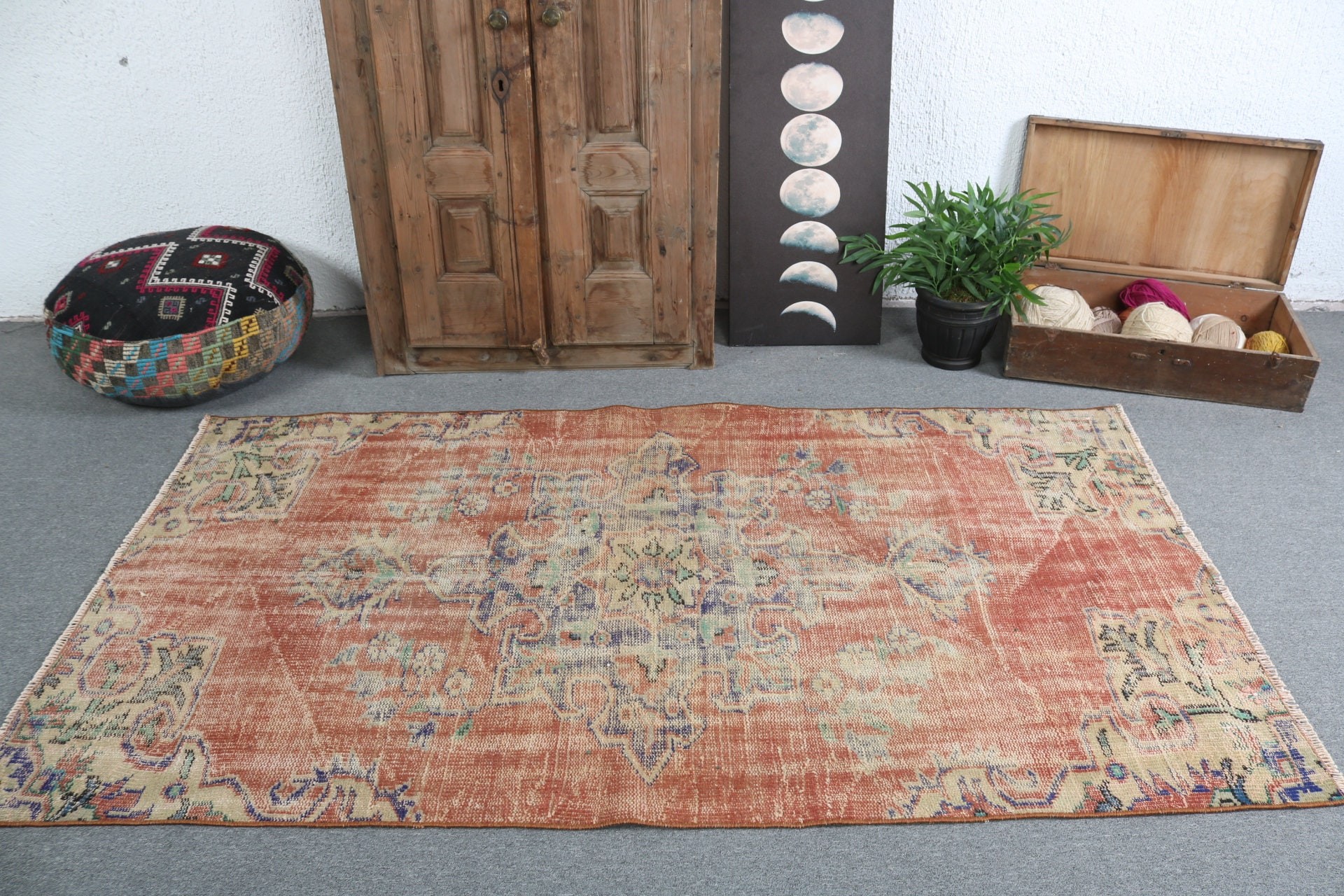 Oushak Bölge Halıları, Aztek Halısı, Vintage Halı, Oturma Odası Halısı, Türk Halısı, Oushak Halısı, Kırmızı Oryantal Halılar, 4x7,2 ft Alan Halıları, Açıklama Halısı