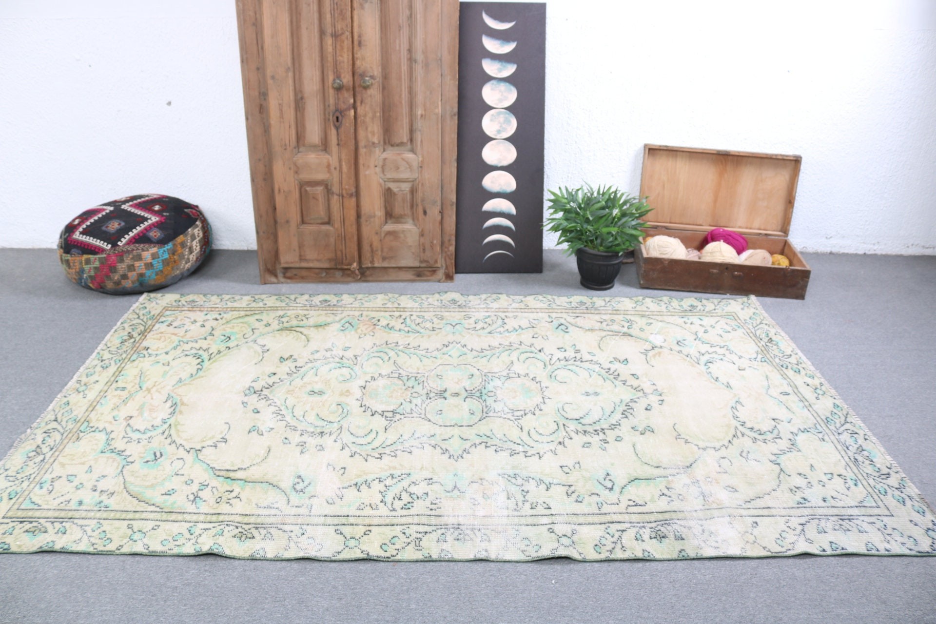 Büyük Oushak Halıları, Anadolu Halısı, Ev Dekorasyonu Halıları, Yeşil Modern Halı, Türk Halıları, 5.2x8.7 ft Büyük Halı, Vintage Halı, Büyük Vintage Halılar