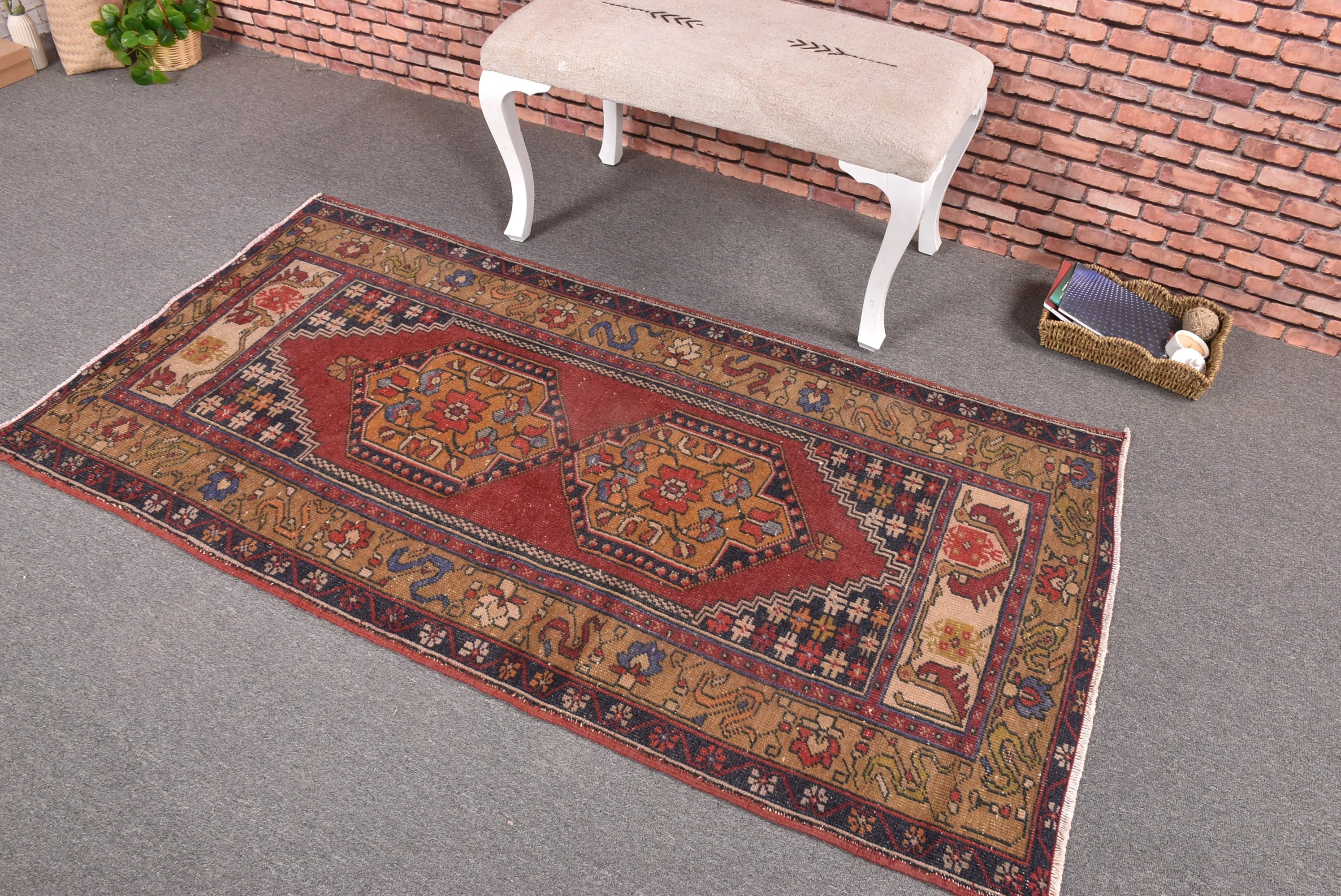 Açıklama Halısı, 3,2x6 ft Vurgulu Halılar, Vintage Vurgulu Halı, Düz Dokuma Halılar, Türk Halıları, Kırmızı Oushak Halıları, Dekoratif Halılar, Vintage Halılar