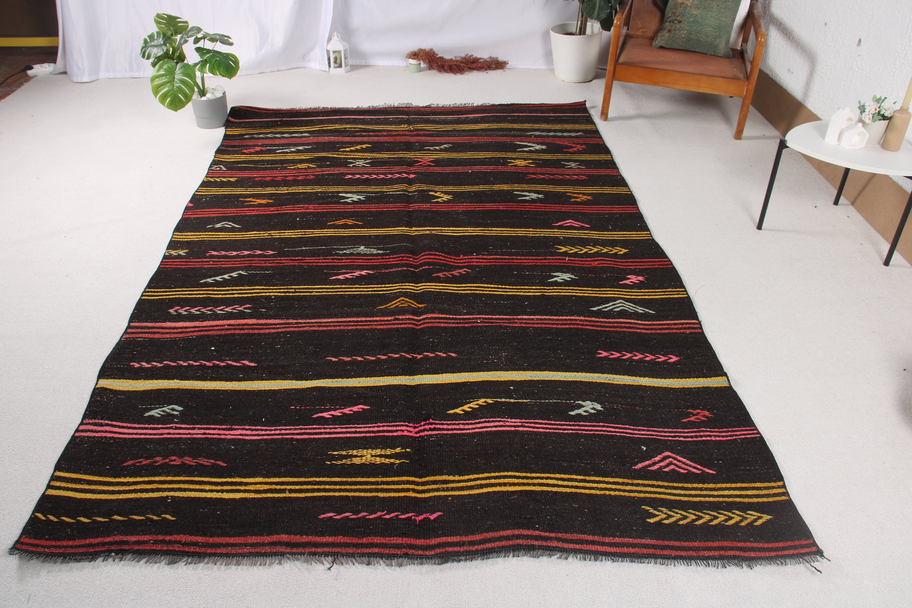 Türk Halısı, 5.6x8.4 ft Büyük Halı, Kilim, Büyük Boho Halıları, Yatak Odası Halıları, Fas Halısı, Siyah Antika Halılar, Vintage Halılar, Büyük Vintage Halılar