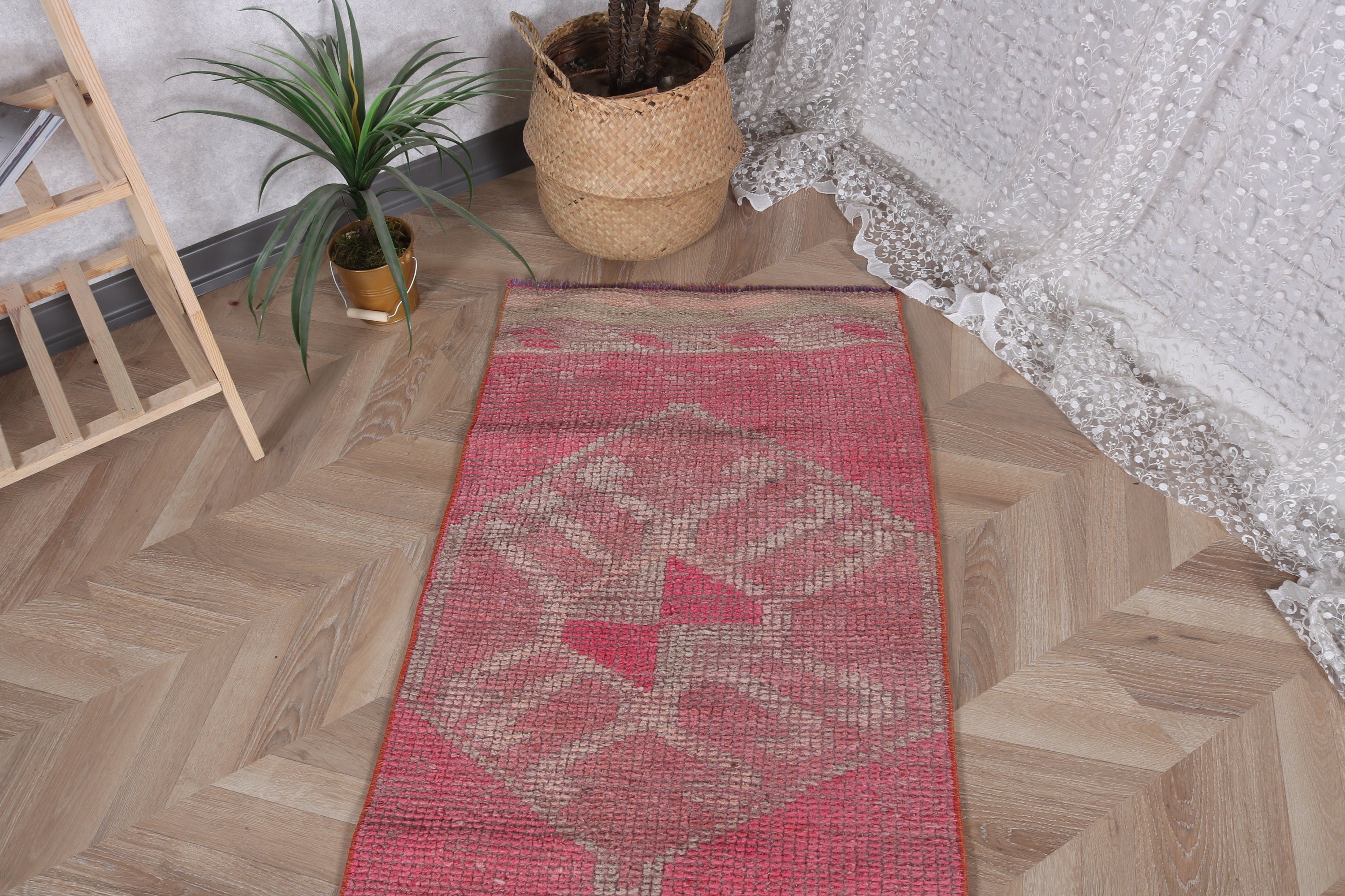 Turkish Rugs, Modern Rugs, Hallway Rugs, Floor Rug, Pink Modern Rug, Anatolian Rug, 2.1x10.3 ft Runner Rug, Vintage Rug, Corridor Rugs