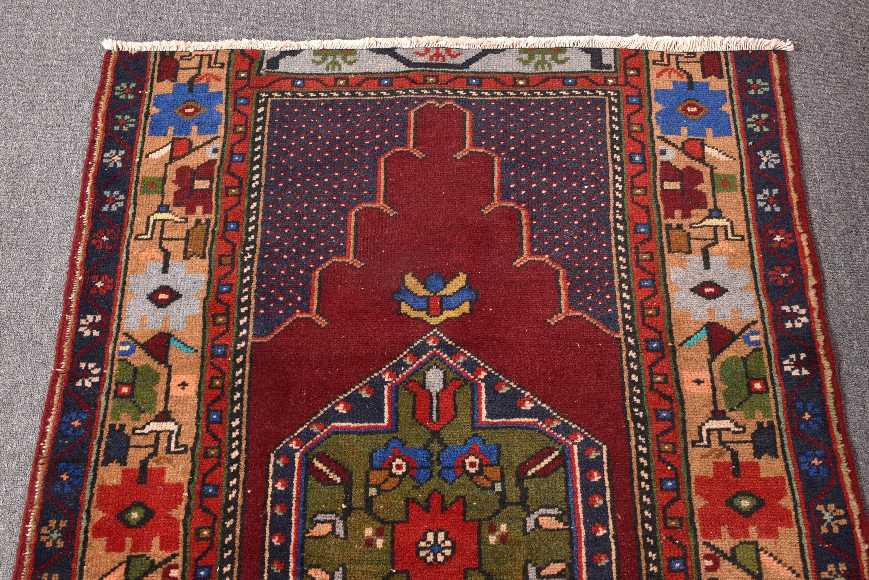 Fas Halıları, Mutfak Halıları, Kırmızı El Dokuma Halı, Türk Halısı, Oturma Odası Halısı, 3,3x7,8 ft Alan Halıları, Vintage Halılar, Yatak Odası Halıları