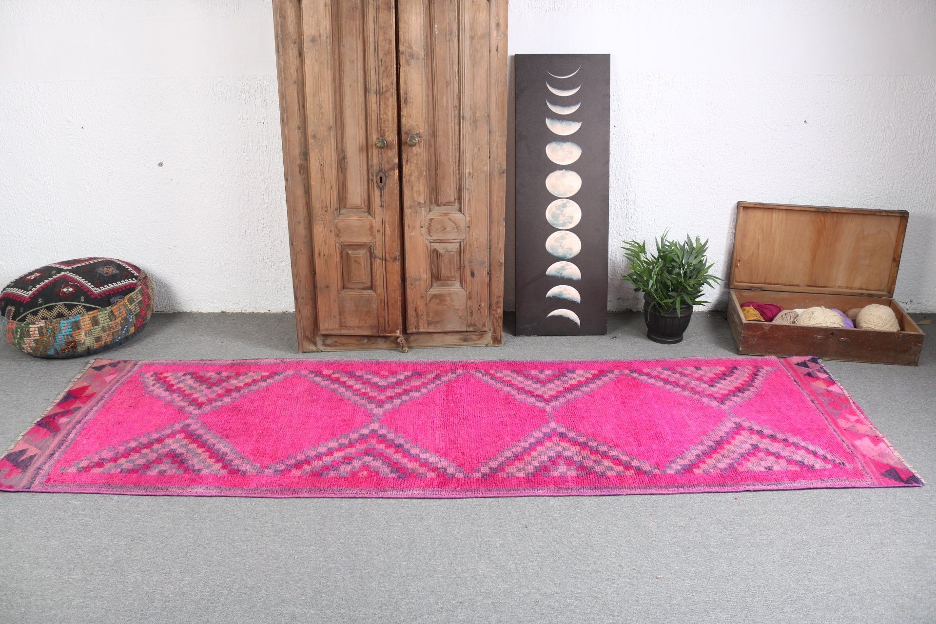 Pembe Lüks Halı, Vintage Yolluk Halıları, 3.1x9.7 ft Yolluk Halıları, Organik Halı, Türk Halıları, Ev Dekorasyonu Halıları, Vintage Halı, Antika Halılar