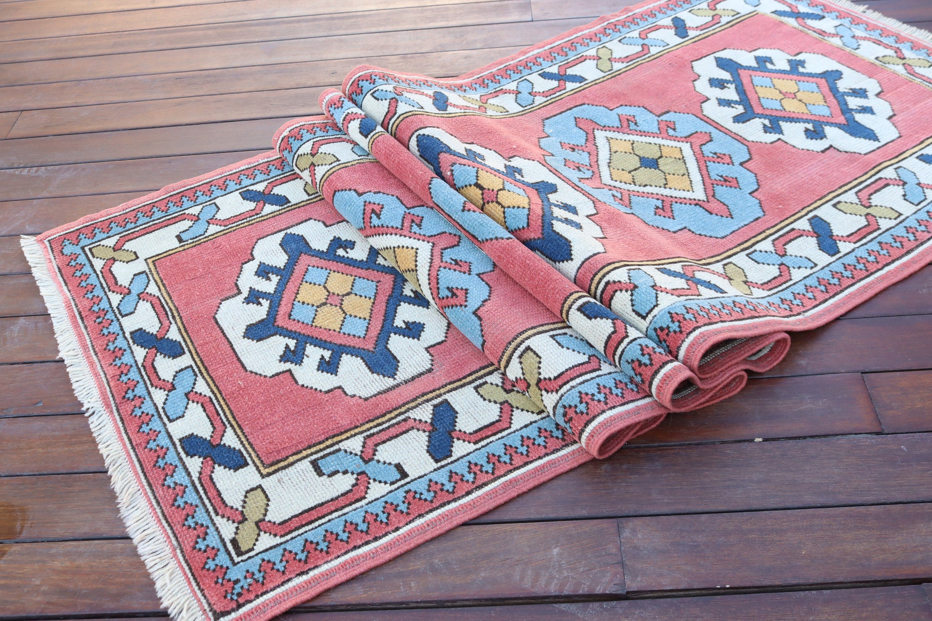 Vintage Runner Halıları, Vintage Halılar, Türk Halıları, Koridor Halıları, Pembe Geometrik Halılar, Fas Halısı, 2.6x7.7 ft Runner Halıları