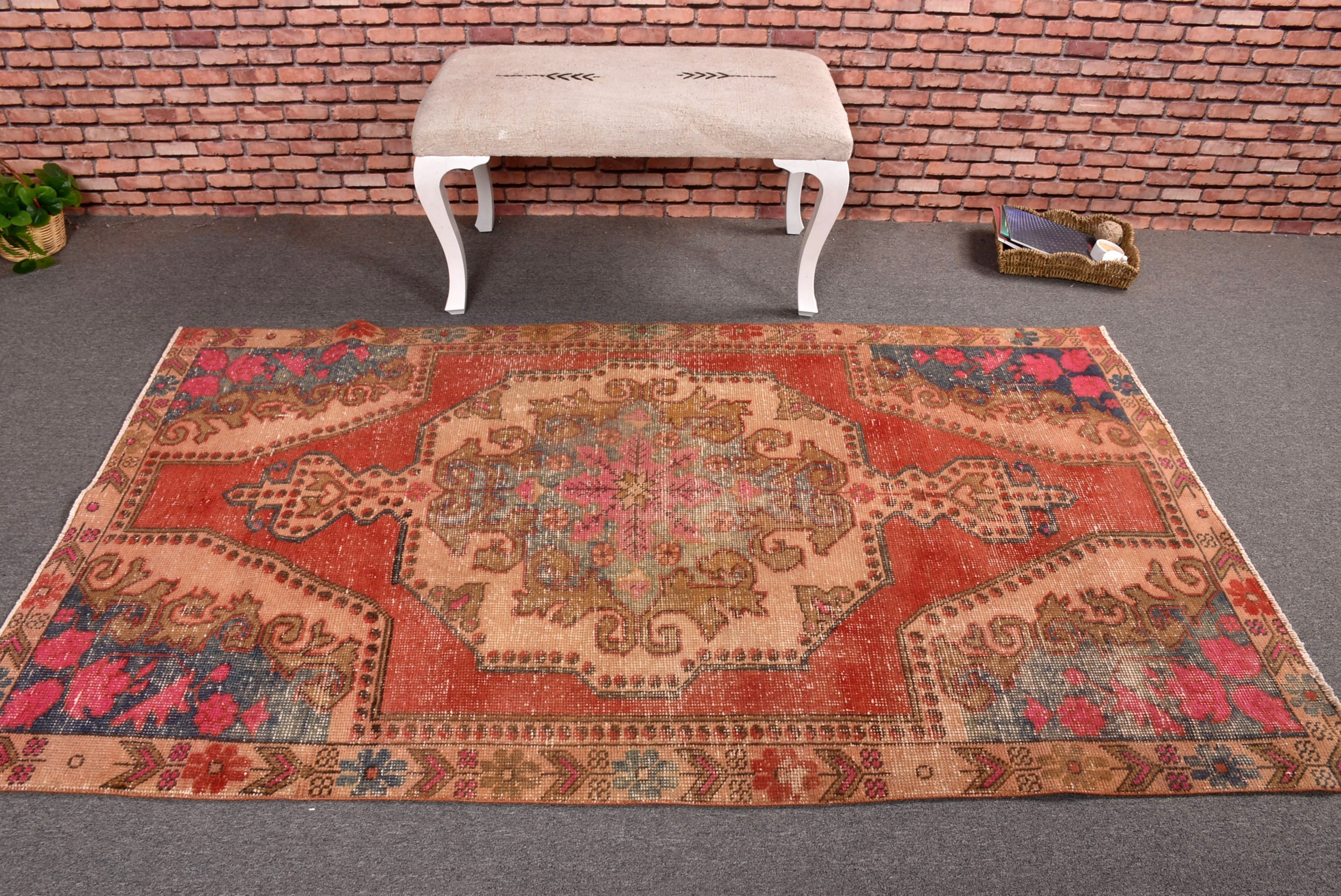 Vintage Halılar, Türk Halıları, Açıklama Halıları, Kırmızı Fas Halısı, 4.1x7 ft Alan Halısı, Vintage Alan Halıları, Boho Alan Halıları, Geometrik Halılar