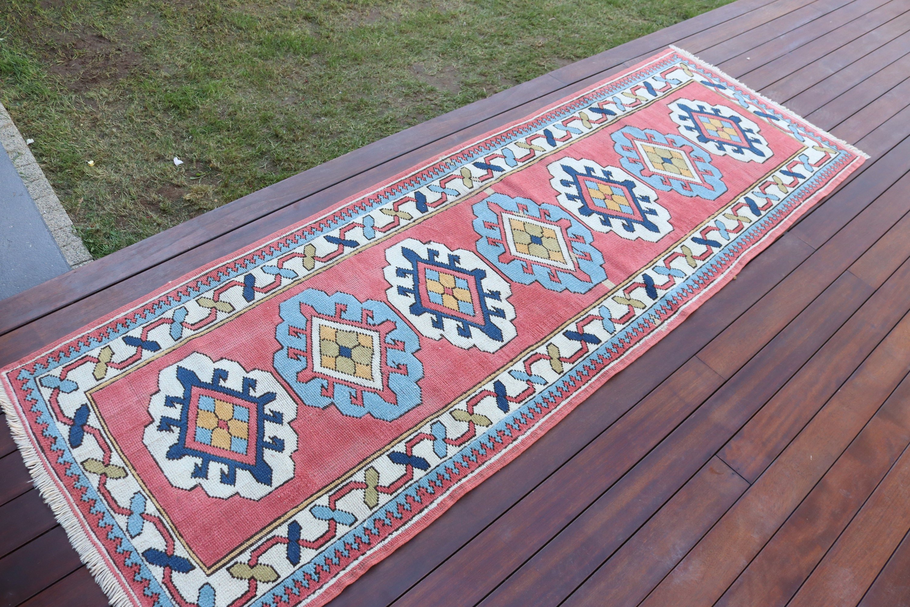 Vintage Runner Halıları, Vintage Halılar, Türk Halıları, Koridor Halıları, Pembe Geometrik Halılar, Fas Halısı, 2.6x7.7 ft Runner Halıları