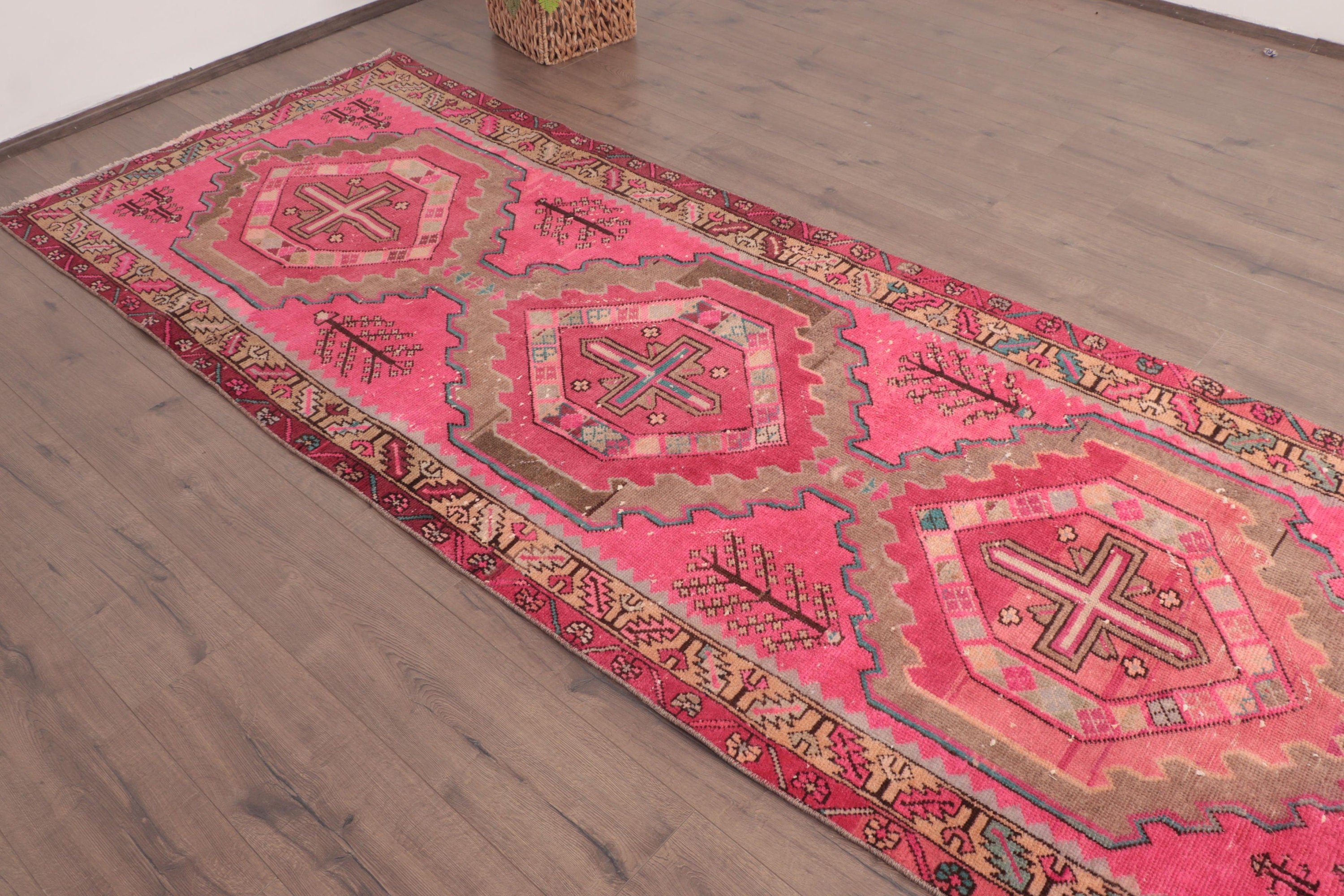 Vintage Runner Rugs, Floor Rug, Geometric Rug, Turkish Rug, 3.4x9.4 ft Runner Rug, Vintage Rug, Oriental Rug, Corridor Rug, Pink Modern Rug