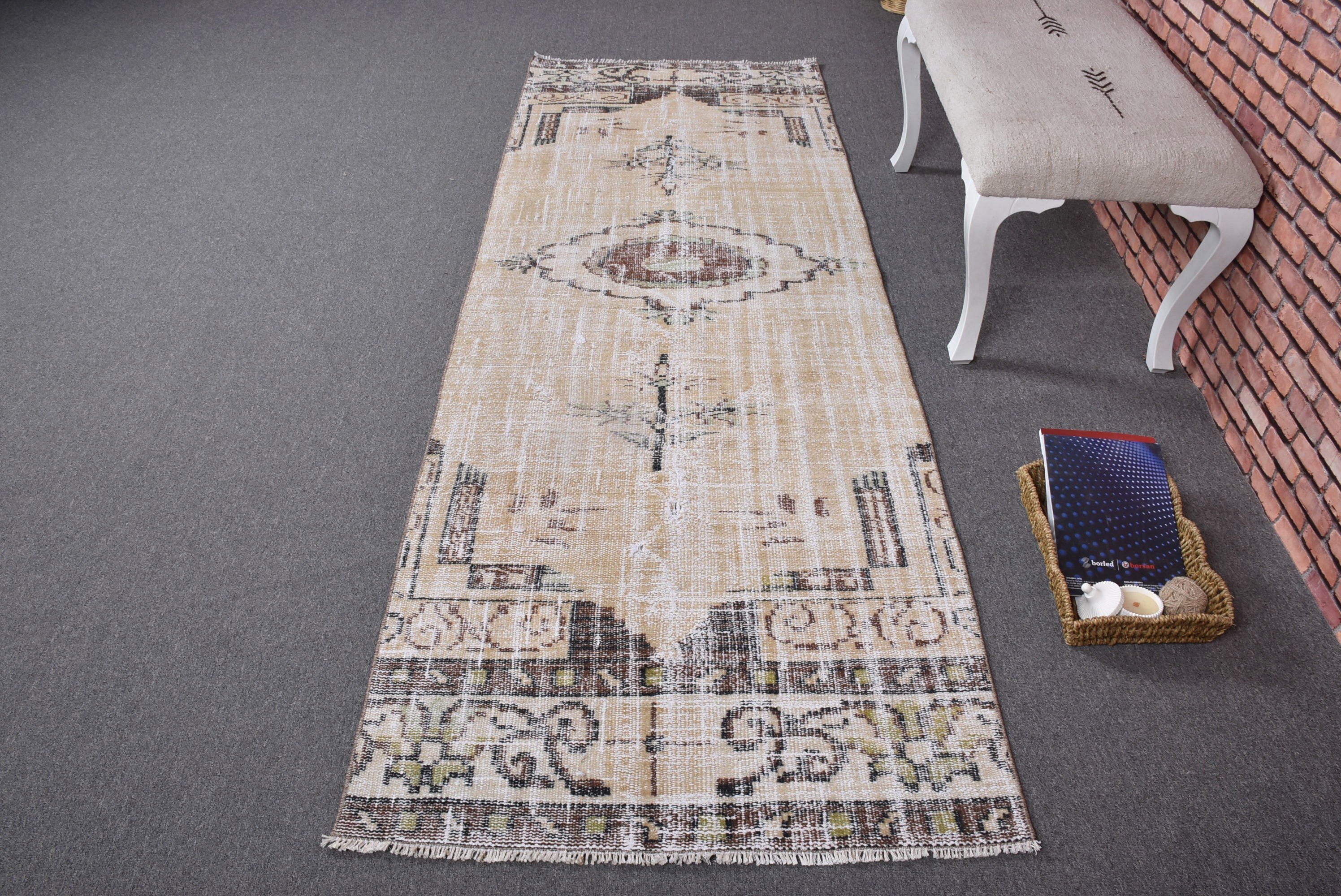 Vintage Halılar, Bej Zemin Halısı, Fas Halıları, Türk Halısı, Yün Halısı, 3x8.4 ft Runner Halısı, Uzun Yolluk Halıları, Sanatsal Halı, Koridor Halıları