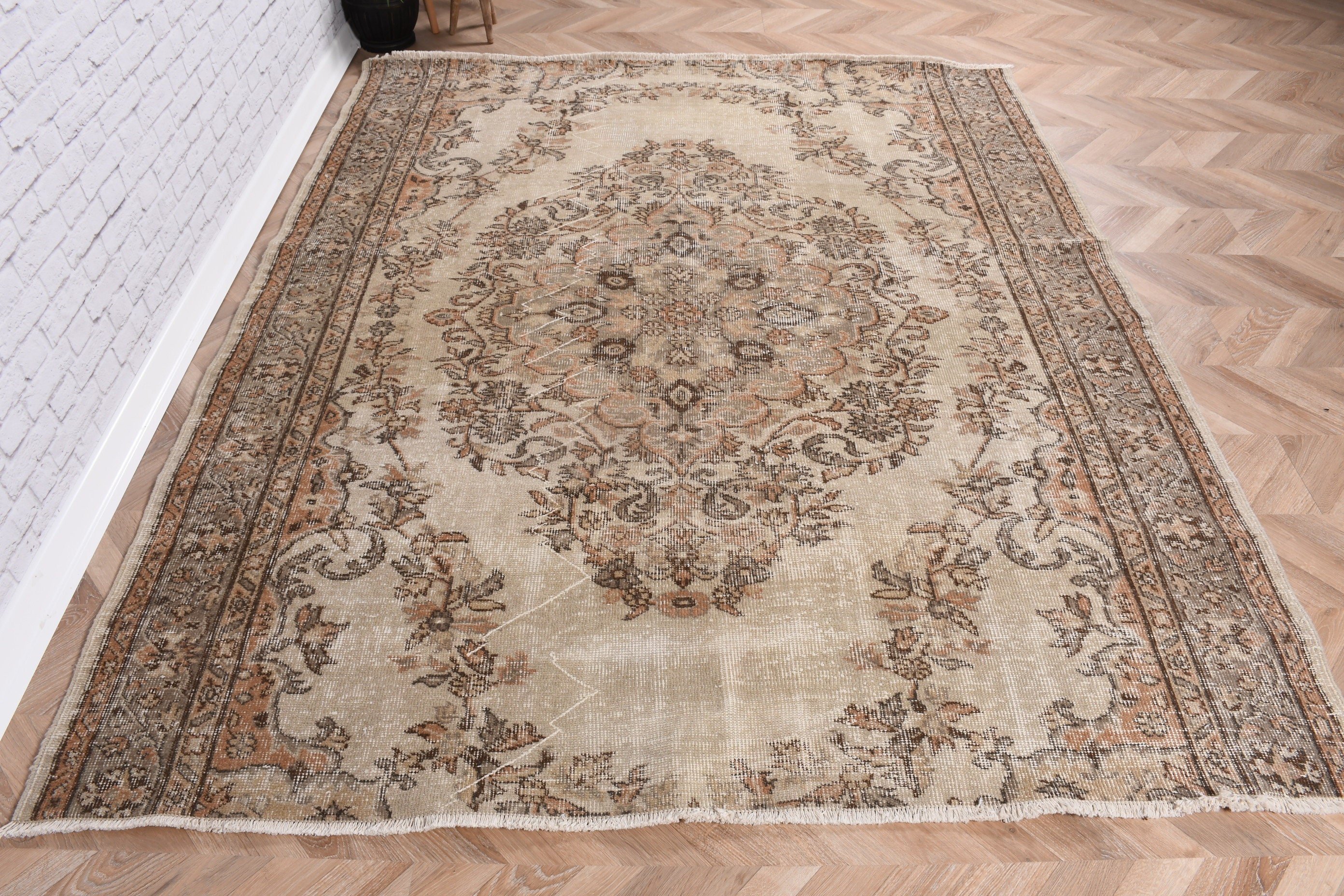 Ev Dekorasyonu Halısı, Bej Oushak Halıları, Yatak Odası Halısı, Vintage Halılar, Türk Halısı, 5.8x7.1 ft Büyük Halı, Yemek Odası Halısı, Oturma Odası Halıları