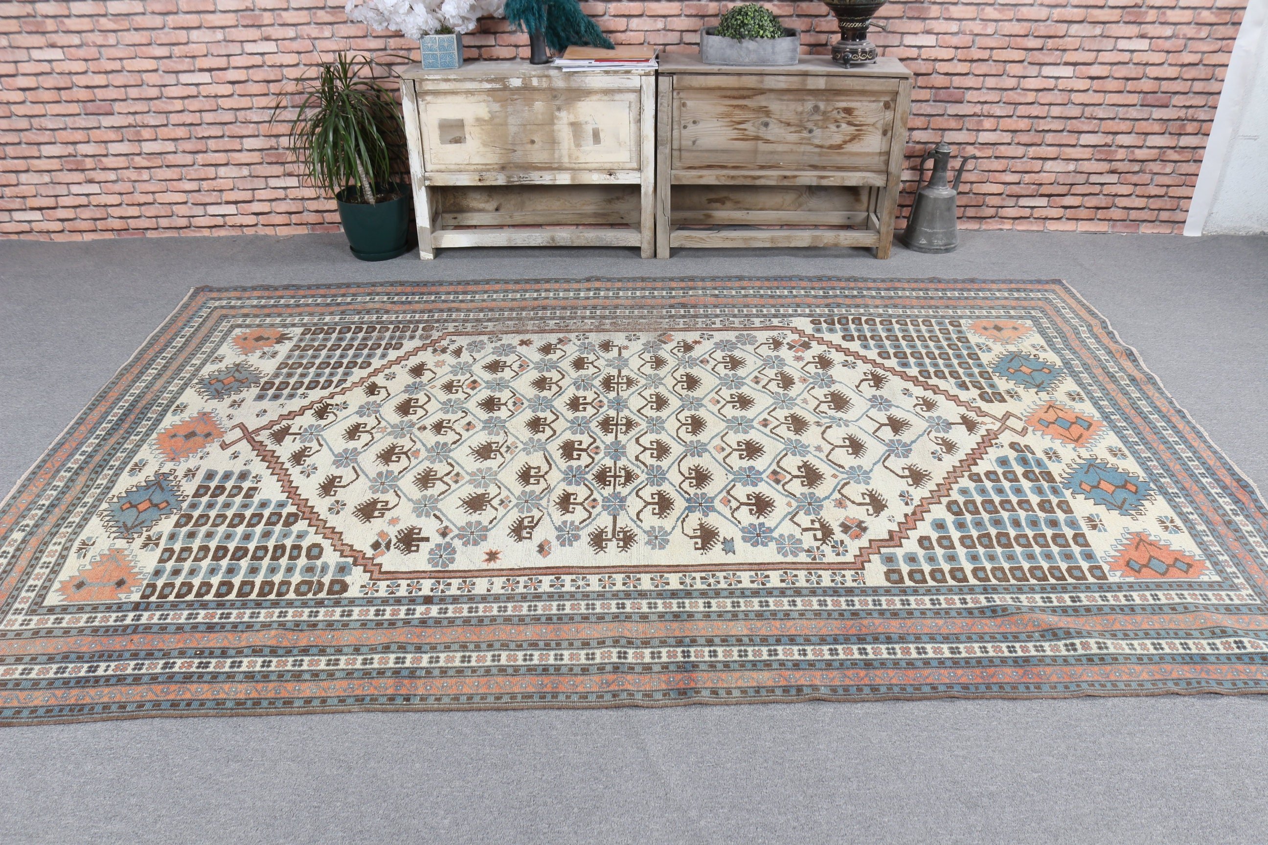 Büyük Boho Halıları, Vintage Halılar, Türk Halıları, 6.1x9.3 ft Büyük Halı, Bej Anadolu Halısı, Yatak Odası Halıları, Aztek Halısı, Yer Halıları, Anadolu Halıları