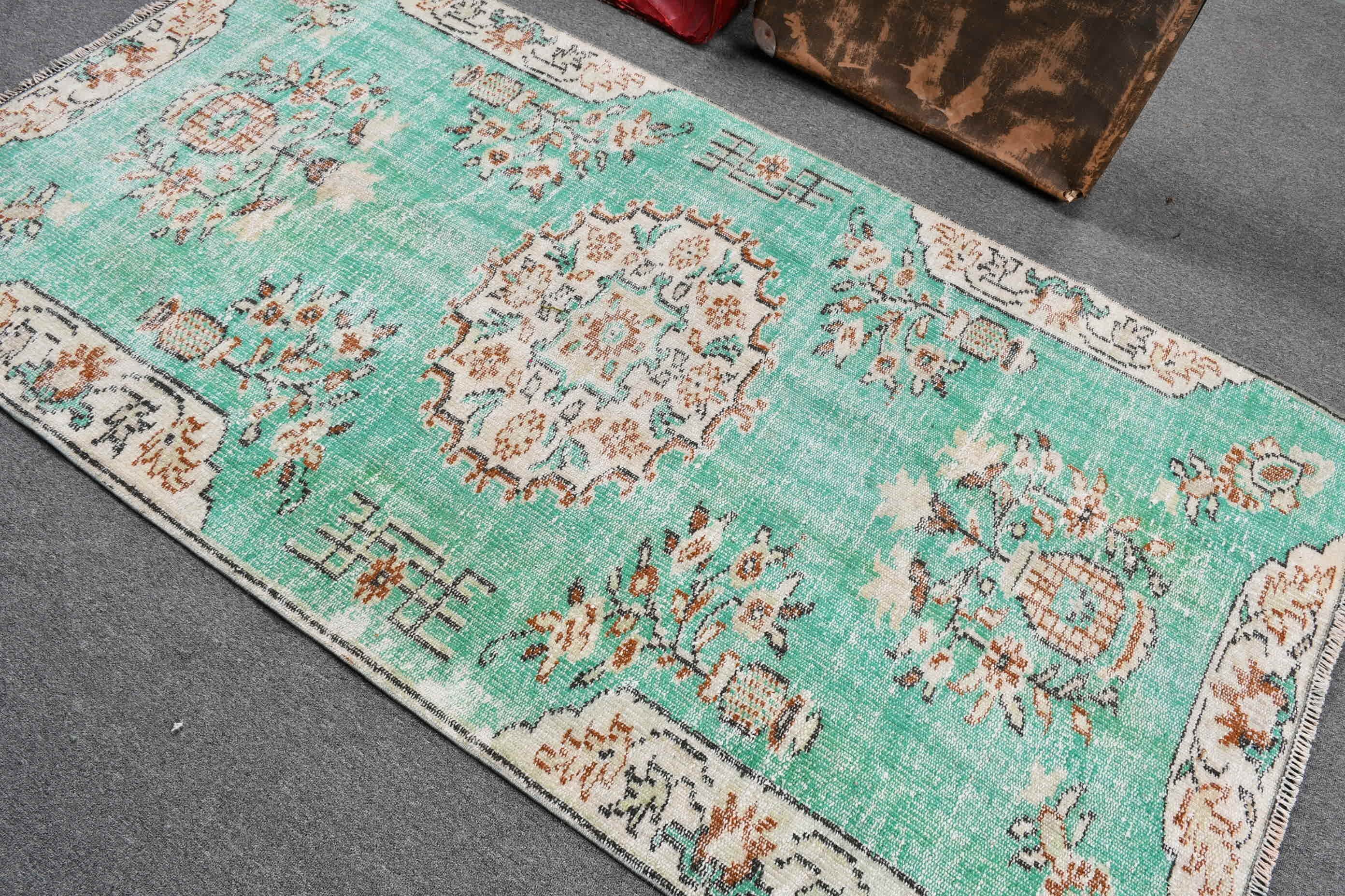 Vintage Rug, Turkish Rugs, Hand Woven Rug, Green Floor Rug, 3.9x7.4 ft Area Rug, Floor Rugs, Rugs for Indoor, Living Room Rugs, Wool Rug