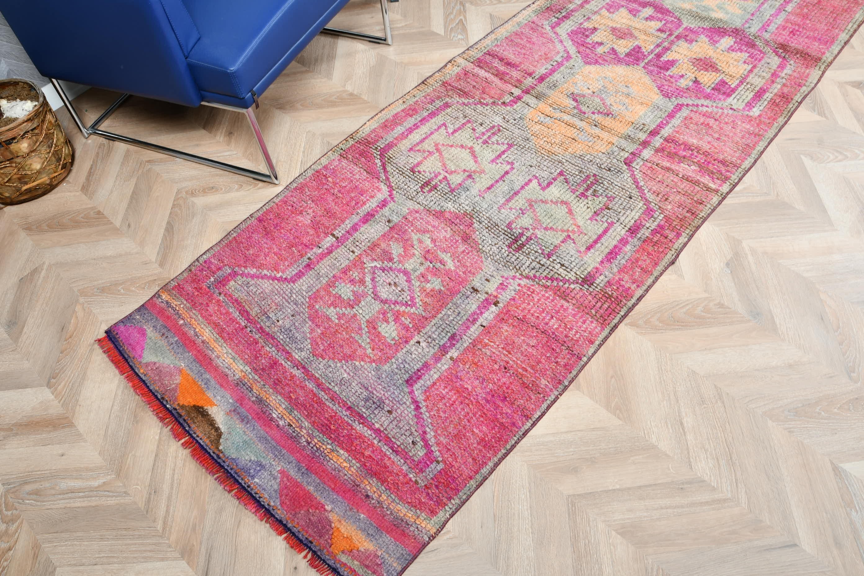 Vintage Rug, Bohemian Rugs, Turkish Rugs, Hallway Rug, Pink Floor Rug, 2.9x11.7 ft Runner Rugs, Rugs for Hallway, Wool Rug, Antique Rug