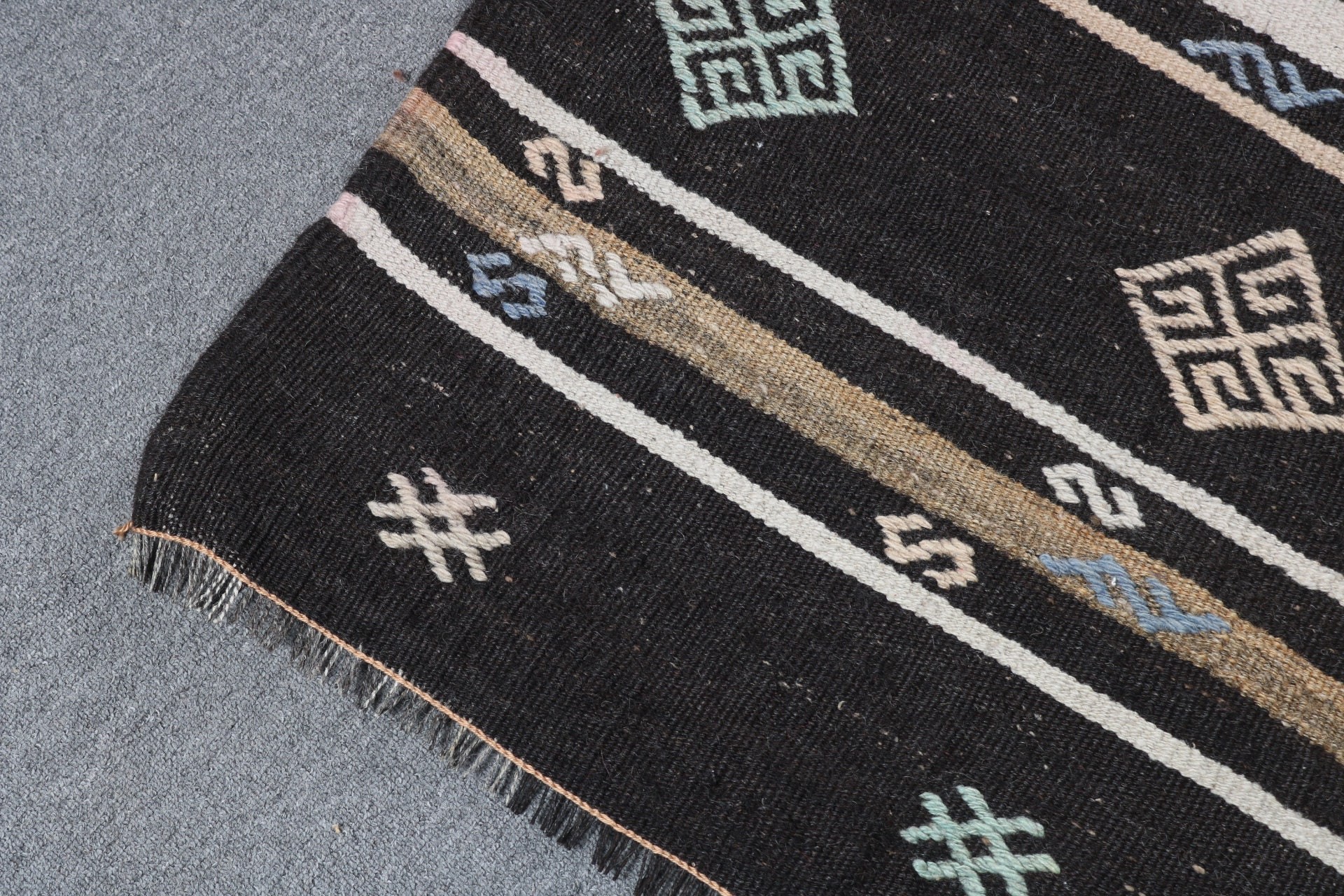 Türk Halıları, Vintage Halı, Düz Dokuma Halı, Büyük Oushak Halı, Siyah Yün Halılar, Kilim, Nötr Halı, Büyük Vintage Halı, 6.1x10.9 ft Büyük Halılar