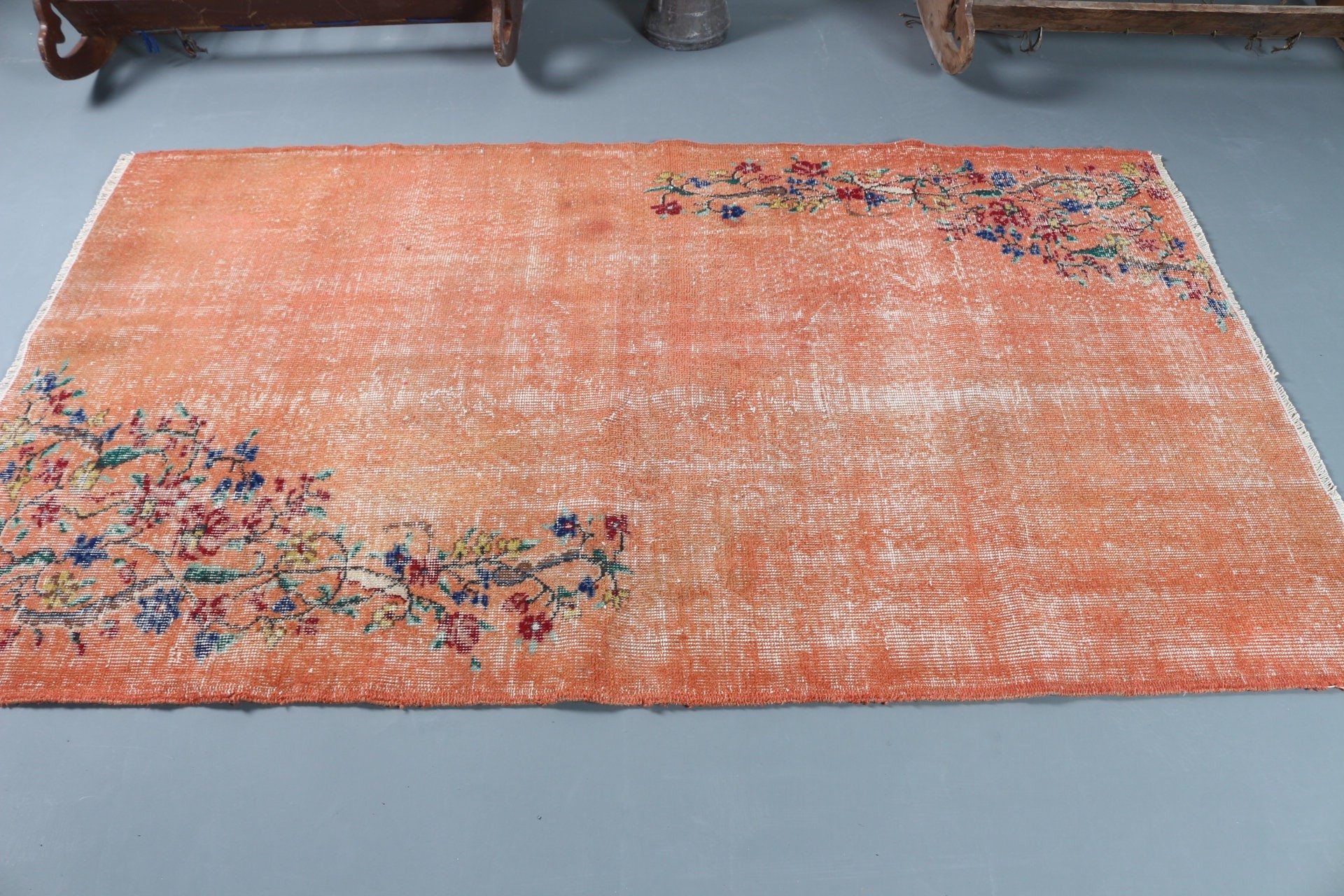 Vintage Halı, Retro Halılar, 3.9x9.9 ft Runner Halı, Turuncu Ev Dekorasyonu Halısı, Koridor Halısı, Türk Halısı, Oushak Halıları, Mutfak Halıları, Havalı Halı