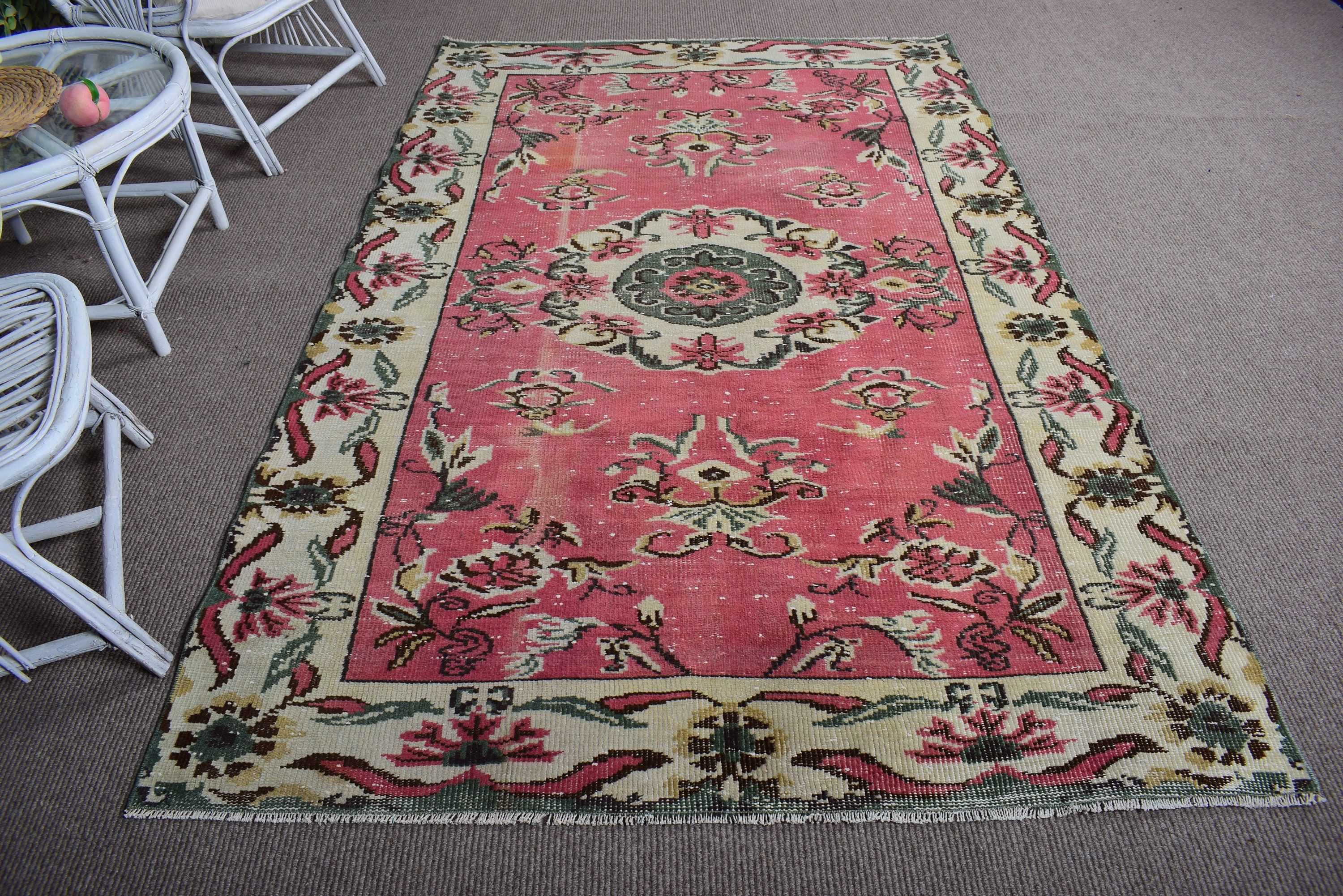 Modern Halı, Vintage Halı, Lüks Halı, 5.2x8.1 ft Büyük Halılar, Pembe Oushak Halıları, Büyük Vintage Halılar, Oturma Odası Halıları, Yün Halı, Türk Halıları