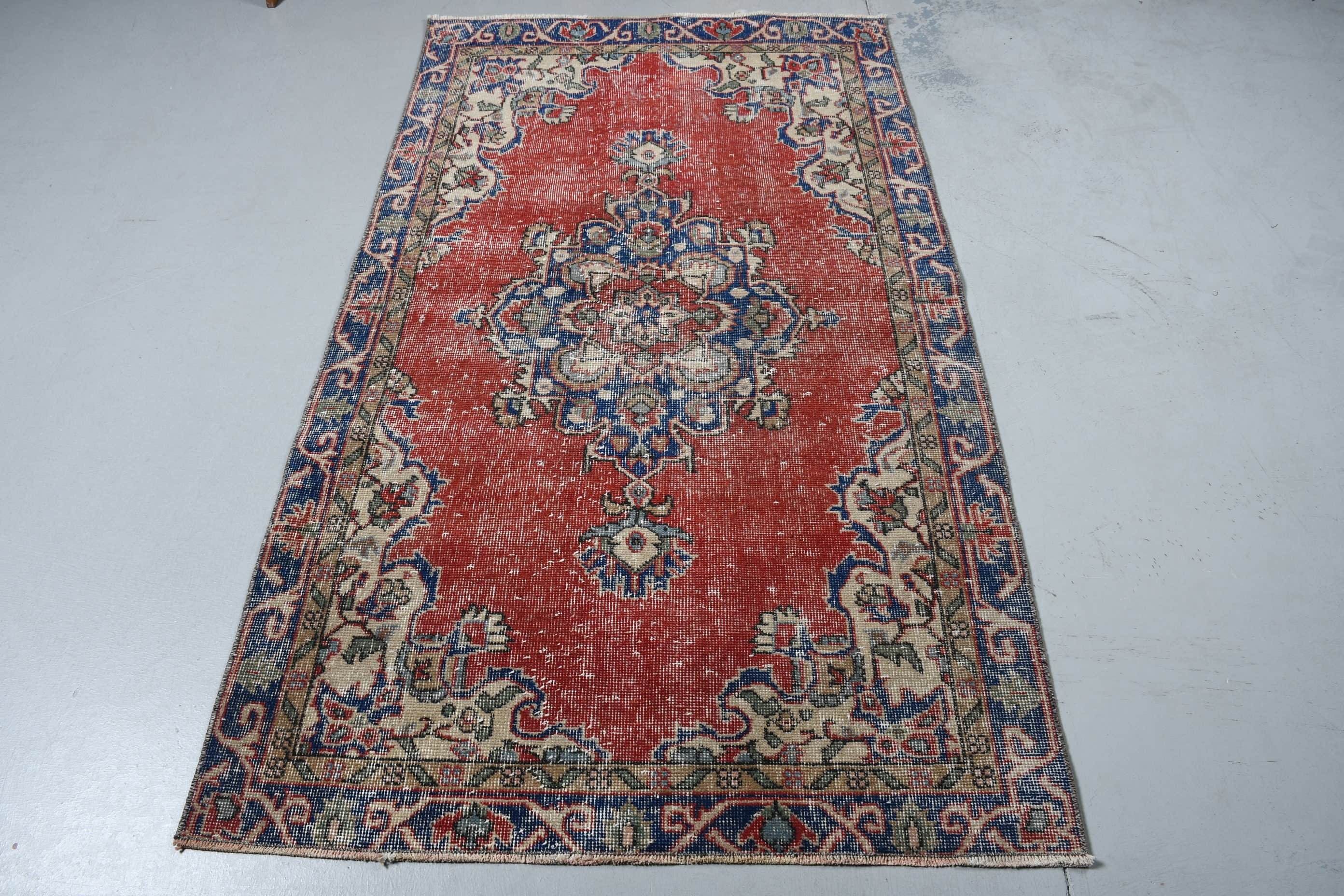 Vintage Halı, Mutfak Halıları, Türk Halıları, Oushak Halısı, Kırmızı Yün Halısı, Vintage Dekor Halıları, 3,5x6,2 ft Accent Halısı, Yatak Odası Halıları, Çocuk Odası Halısı