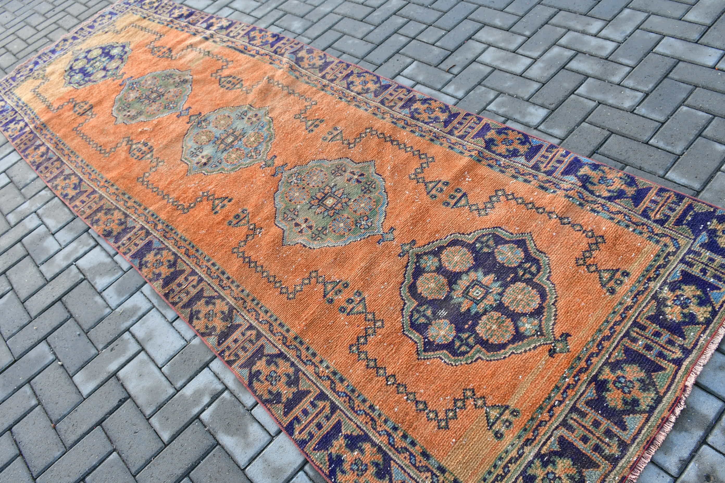 Wool Rug, 3.6x10.8 ft Runner Rugs, Rugs for Kitchen, Orange Home Decor Rug, Retro Rug, Anatolian Rug, Vintage Rug, Kitchen Rug, Turkish Rug