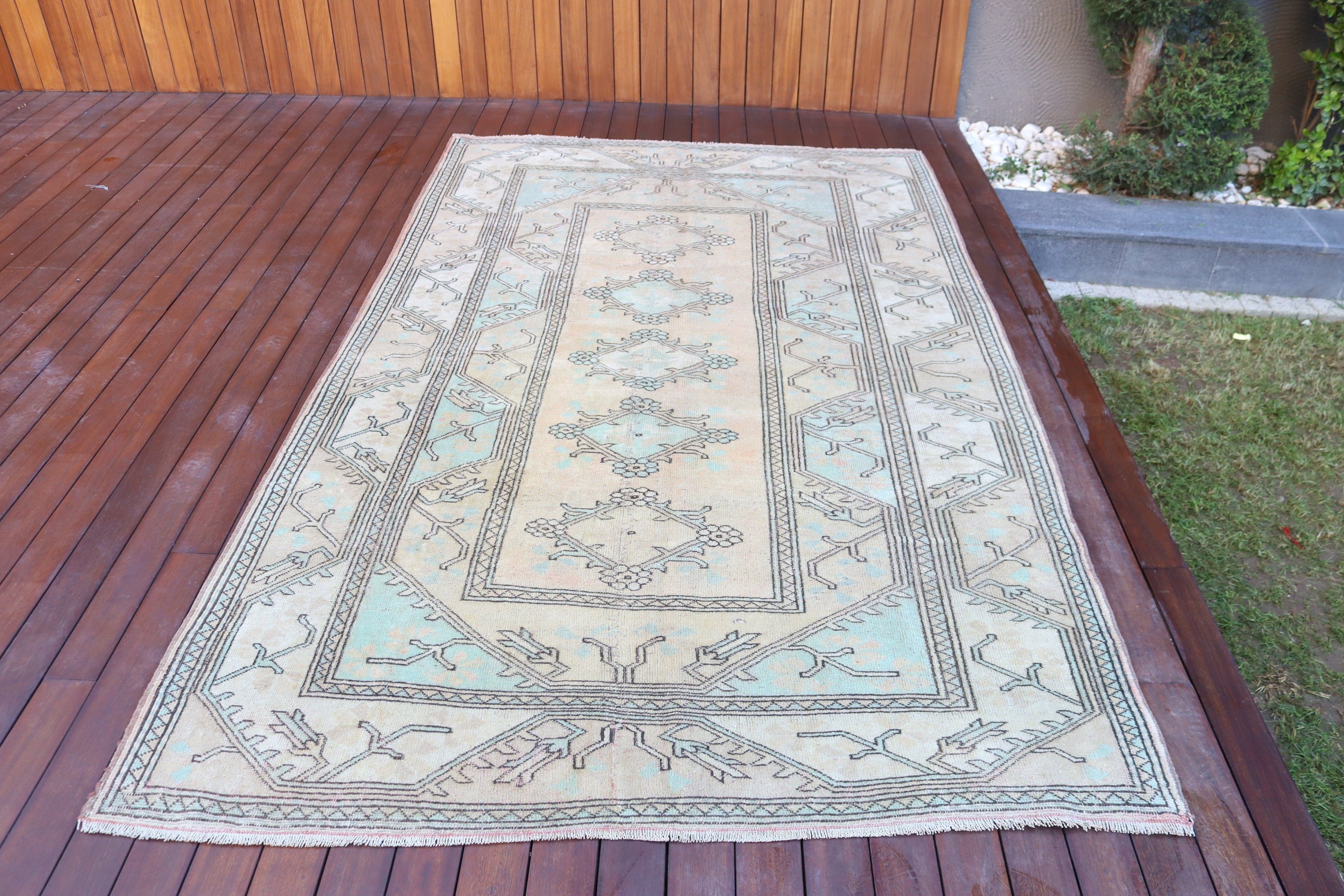 Türk Halıları, Vintage Halı, Bej Antika Halılar, Geometrik Halılar, Yemek Odası Halısı, 5.2x8.4 ft Büyük Halı, Salon Halısı, Yün Halılar, Aztek Halısı