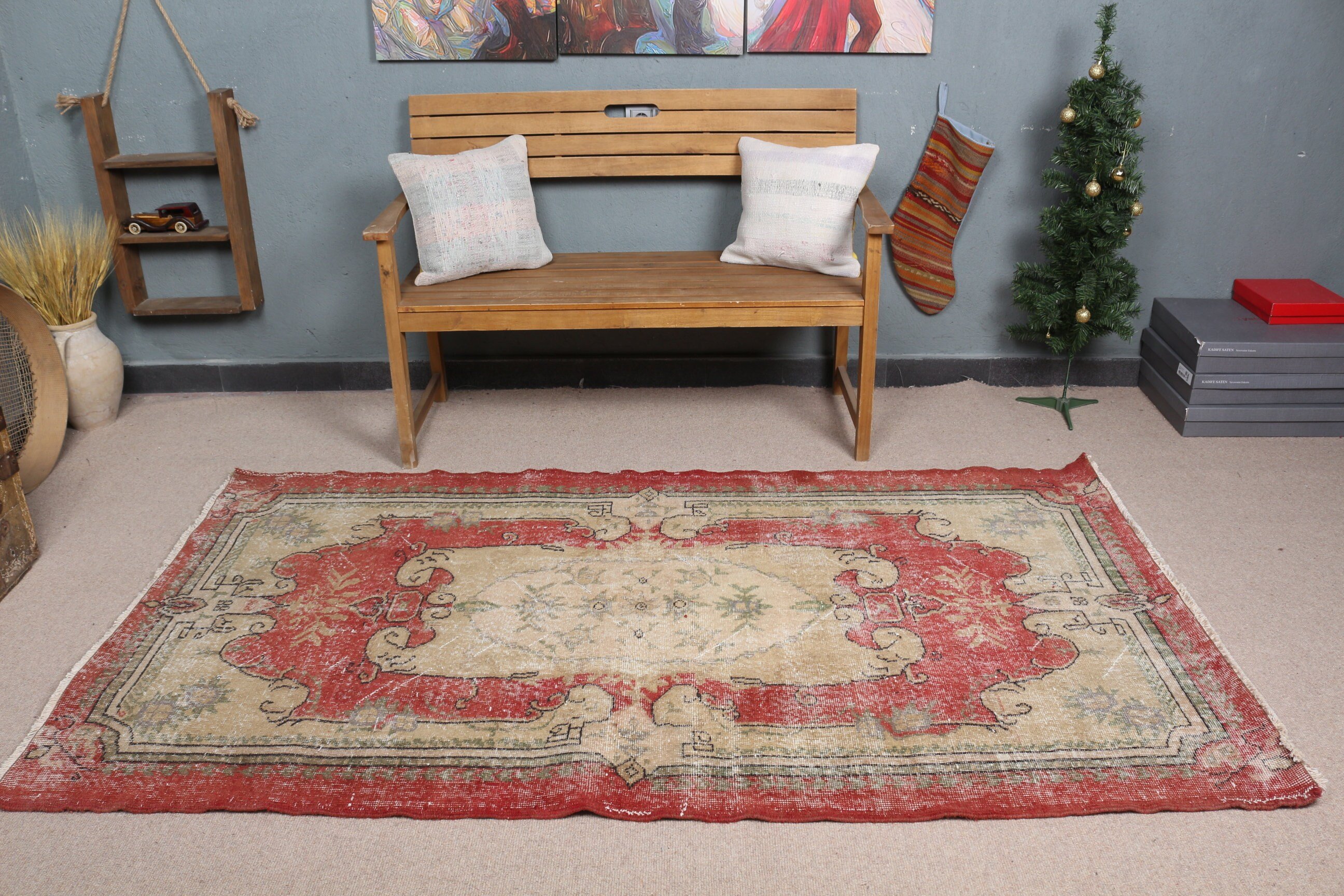 Çocuk Odası Halısı, Antika Halılar, Boho Halısı, Türk Halısı, Yatak Odası Halısı, Çocuk Odası Halıları, Bej 4.1x7.5 ft Alan Halısı, Vintage Halılar