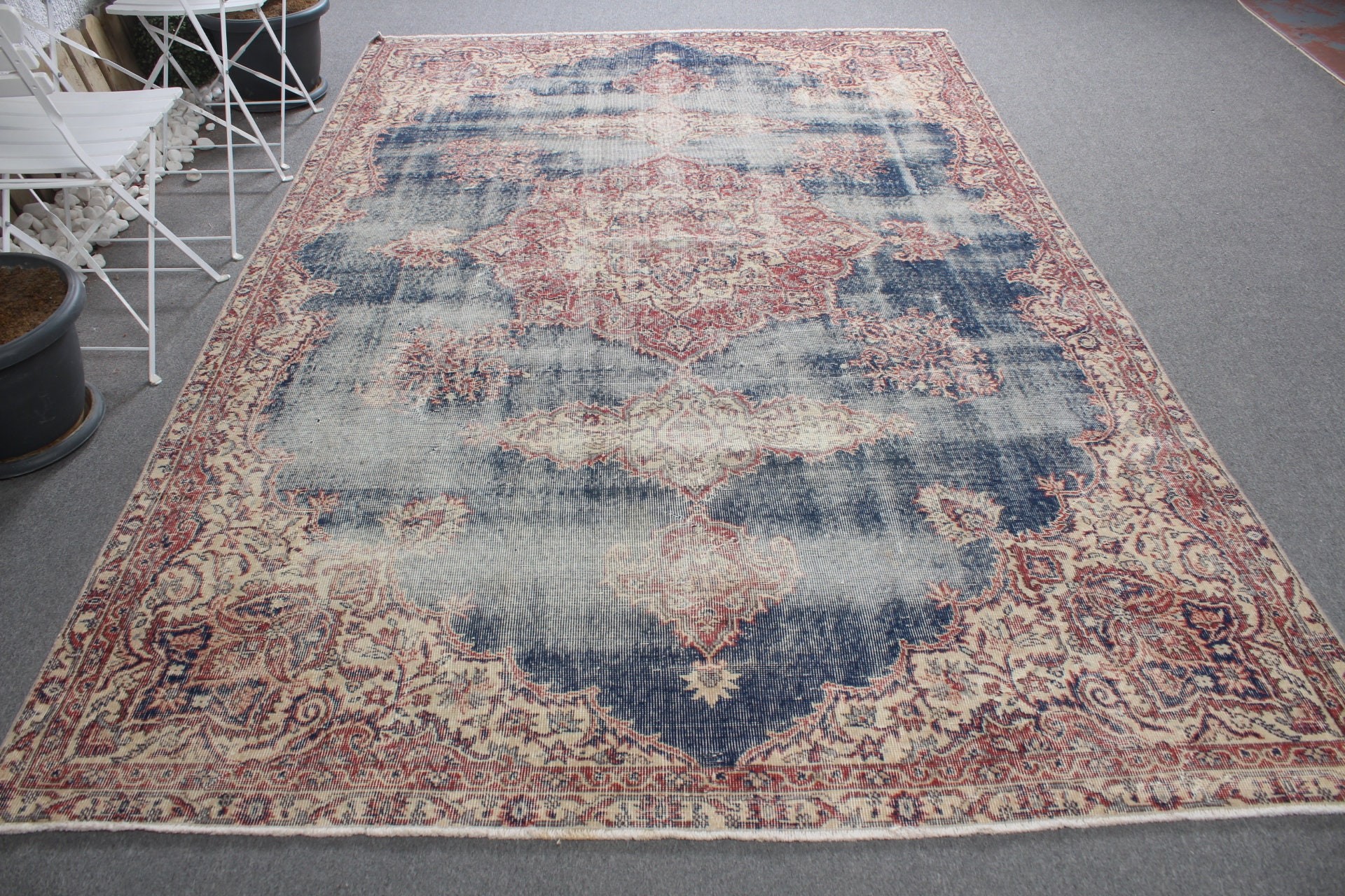 Türk Halısı, Oryantal Halılar, Mutfak Halıları, 6.8x10.4 ft Büyük Boy Halı, Yemek Odası Halısı, Oturma Odası Halısı, Mavi Oushak Halıları, Vintage Halı