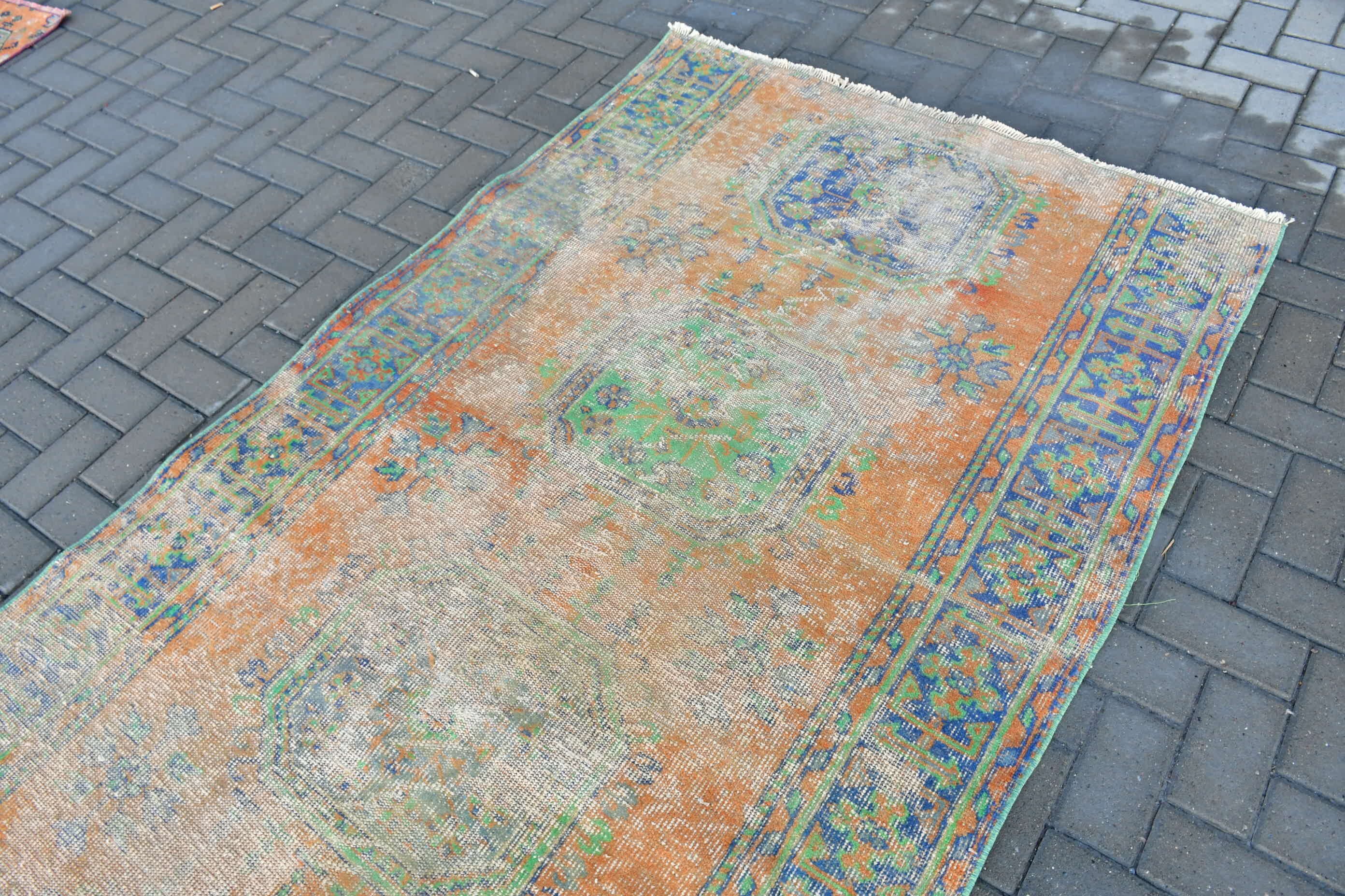 Orange Floor Rug, Turkish Rug, Oushak Rugs, Salon Rugs, Vintage Rugs, Cool Rug, Rugs for Living Room, Bedroom Rugs, 4.4x10 ft Large Rugs