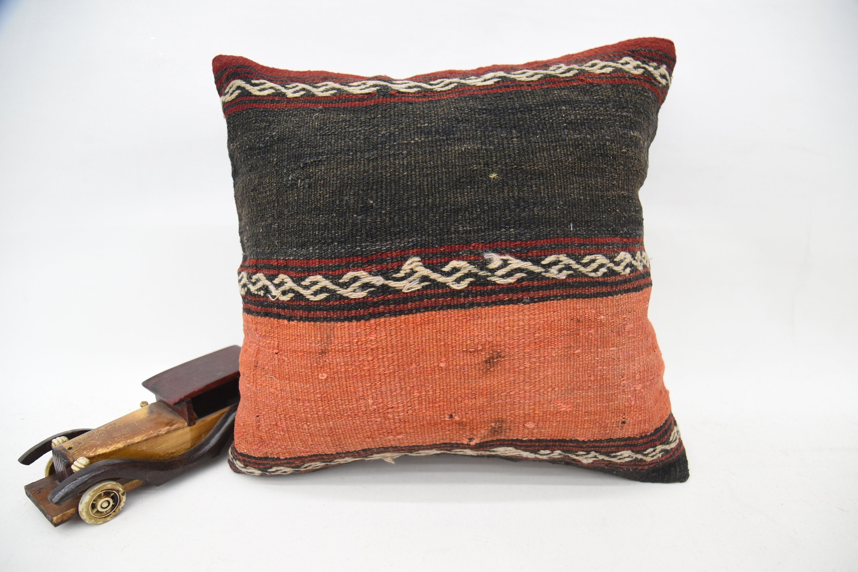 Boho Pillow Sham Cover, Turkish Kilim Pillow, Outdoor Bolster Cushion, Cotton Pillow Cover, 16"x16" Orange Pillow, Antique Pillows